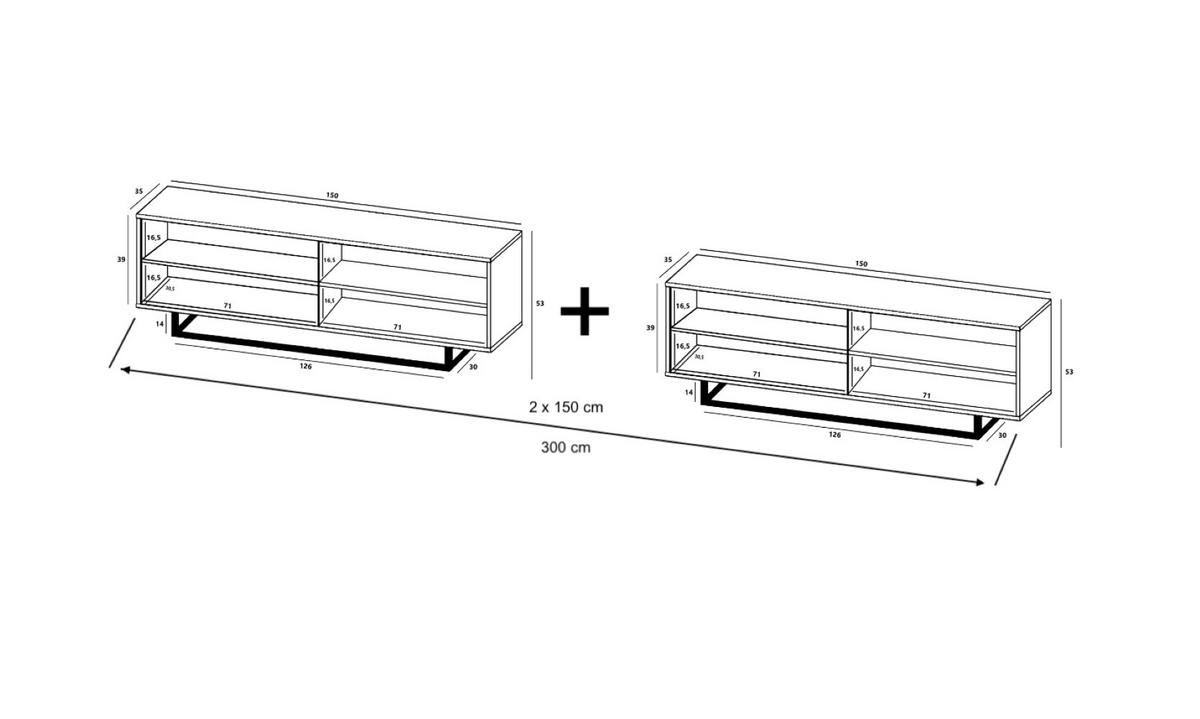 TV-SCHRANK 2-er Set Apollo2 Eiche wotan Graphit Matt 150 cm - Graphitfarben/Schwarz, Holzwerkstoff/Metall (300/53/35cm) - Meble Lindner