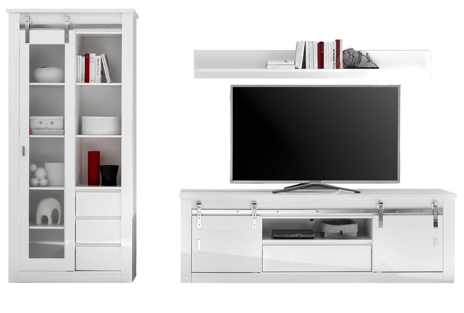 WOHNWAND weiß Hochglanz 3-teilig 309 x 201 cm, Wohnkombination mit Soft-Close - Chromfarben/Weiß Hochglanz, Glas/Holzwerkstoff (309/201/43cm) - Furn.Design