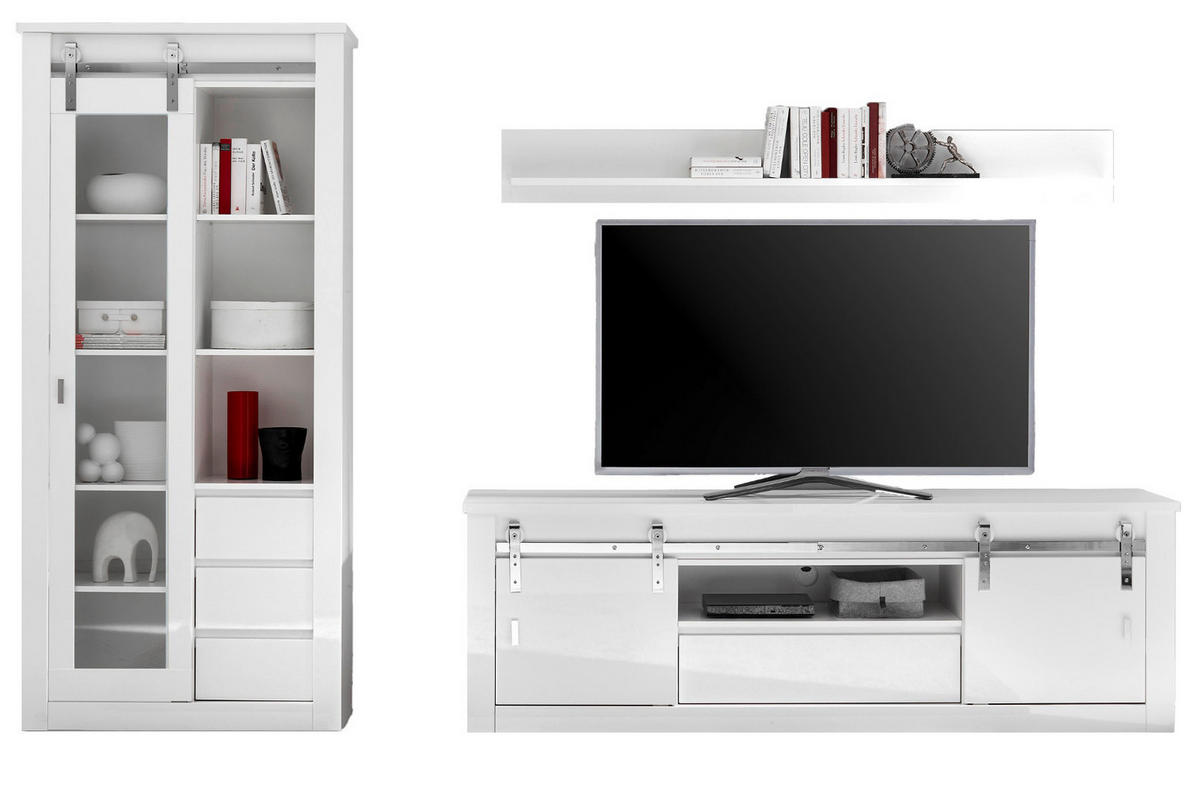 WOHNWAND weiß Hochglanz 3-teilig 309 x 201 cm, Wohnkombination mit Soft-Close - Chromfarben/Weiß Hochglanz, Glas/Holzwerkstoff (309/201/43cm) - Furn.Design