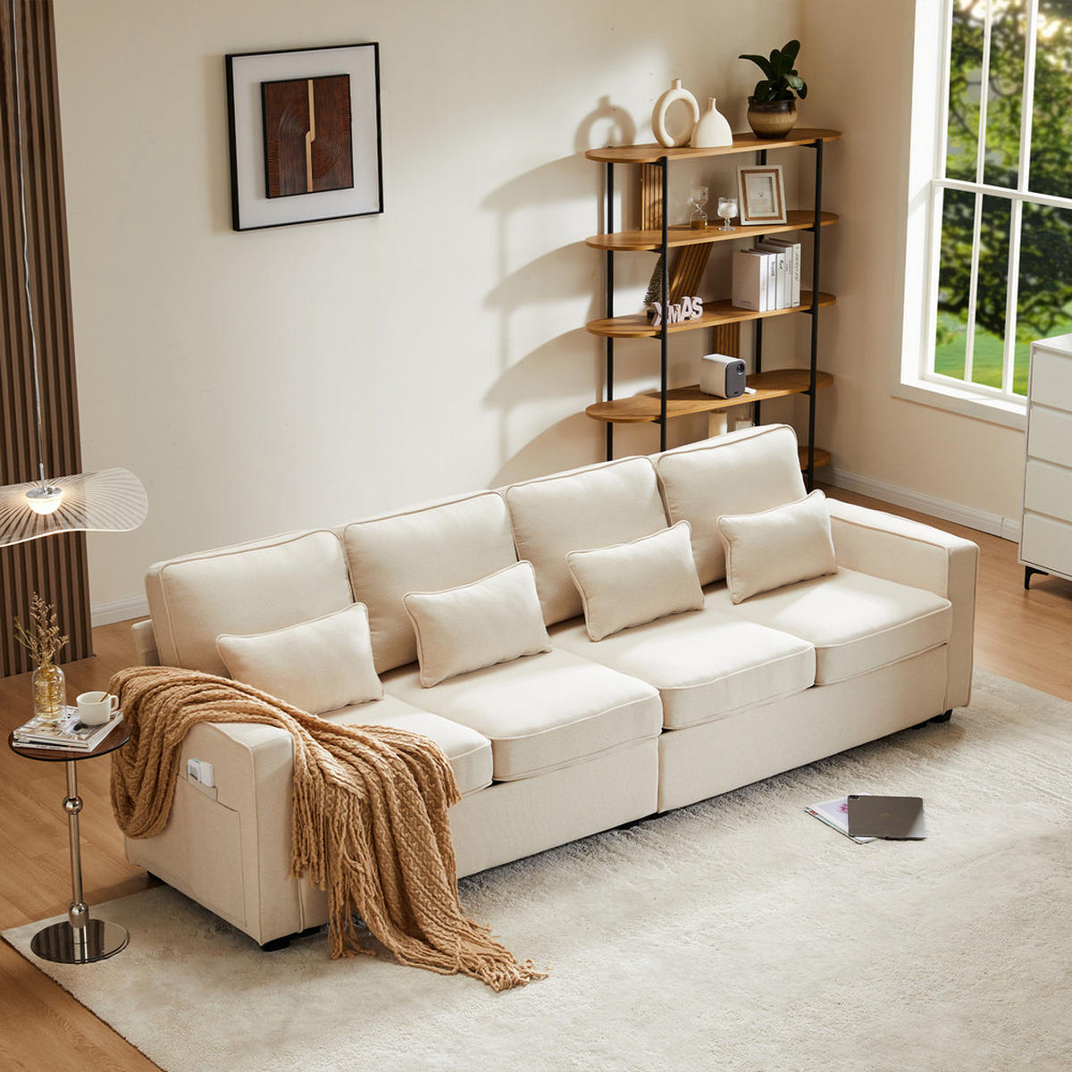 SOFA 4-Sitzer Leinenstoff Armlehnentaschen 4 Kissen Einfacher Stil - Beige, Holz (71/27.5/55.5cm) - FLIEKS