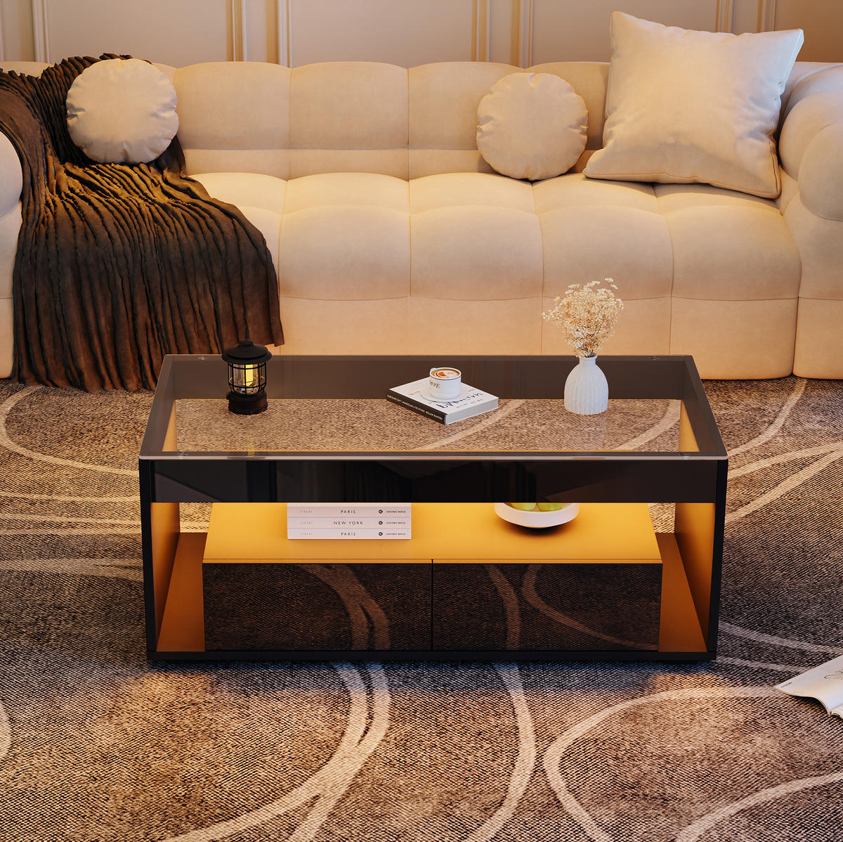 COUCHTISCH aus Spanplatte und Glas 100x50x40 cm Schwarz mit LED-Beleuchtung und 2 Schubladen - Schwarz, Holzwerkstoff (100/50/40cm) - IVMEU