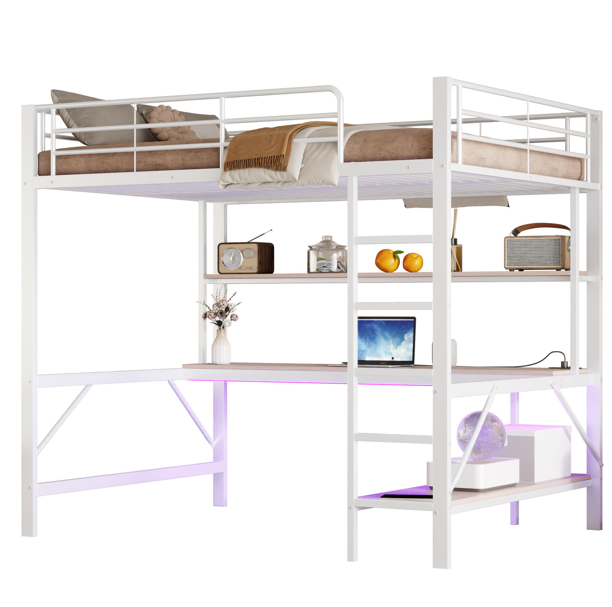 HOCHBETT 140/200 cm in Weiß mit Schreibtisch, Regal, USB und LED-Beleuchtung - Weiß, Metall (140/200cm) - Flora Grace