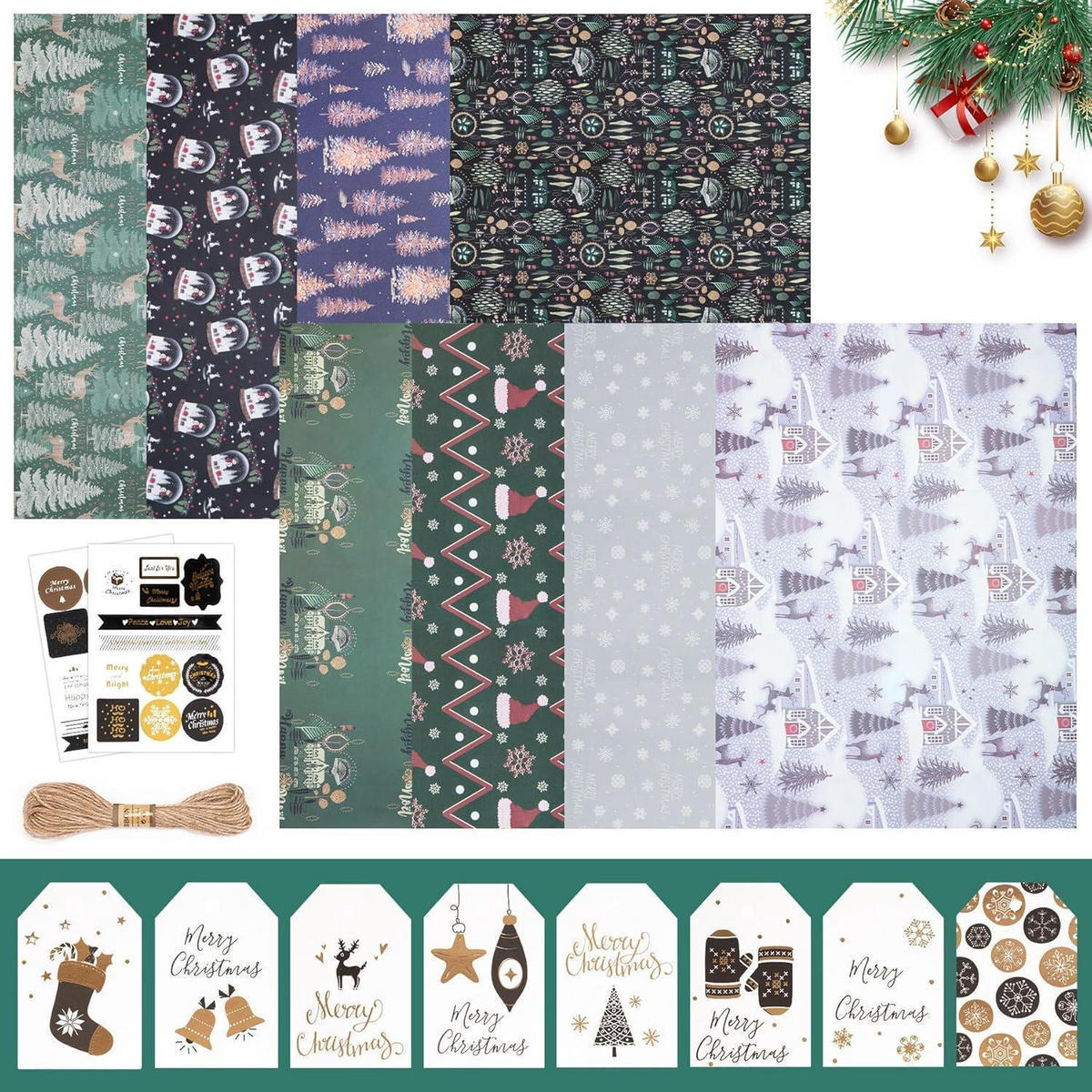 GESCHENKPAPIER Set Weihnachten 8 Blatt 70x50cm Mattes Kraftpapier mit Anhängern und Aufklebern - Multicolor, Papier (50/50/70.1cm)