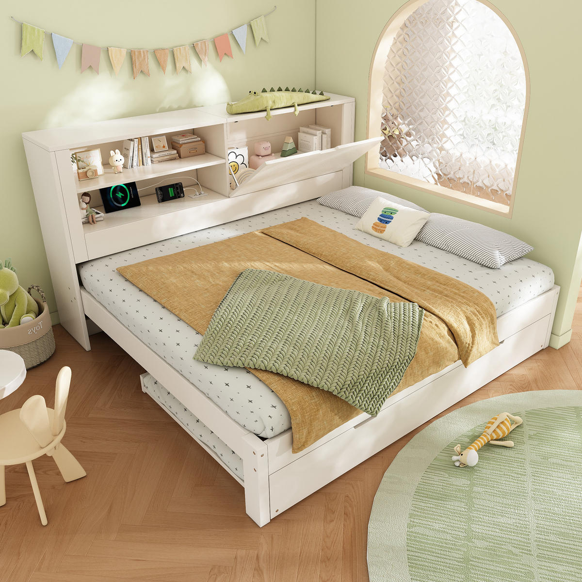 POLSTERBETT 140x190 cm in Weiß mit Ausziehbett & USB-Ladestation - Weiß, Holzwerkstoff (140/190cm) - Modfu