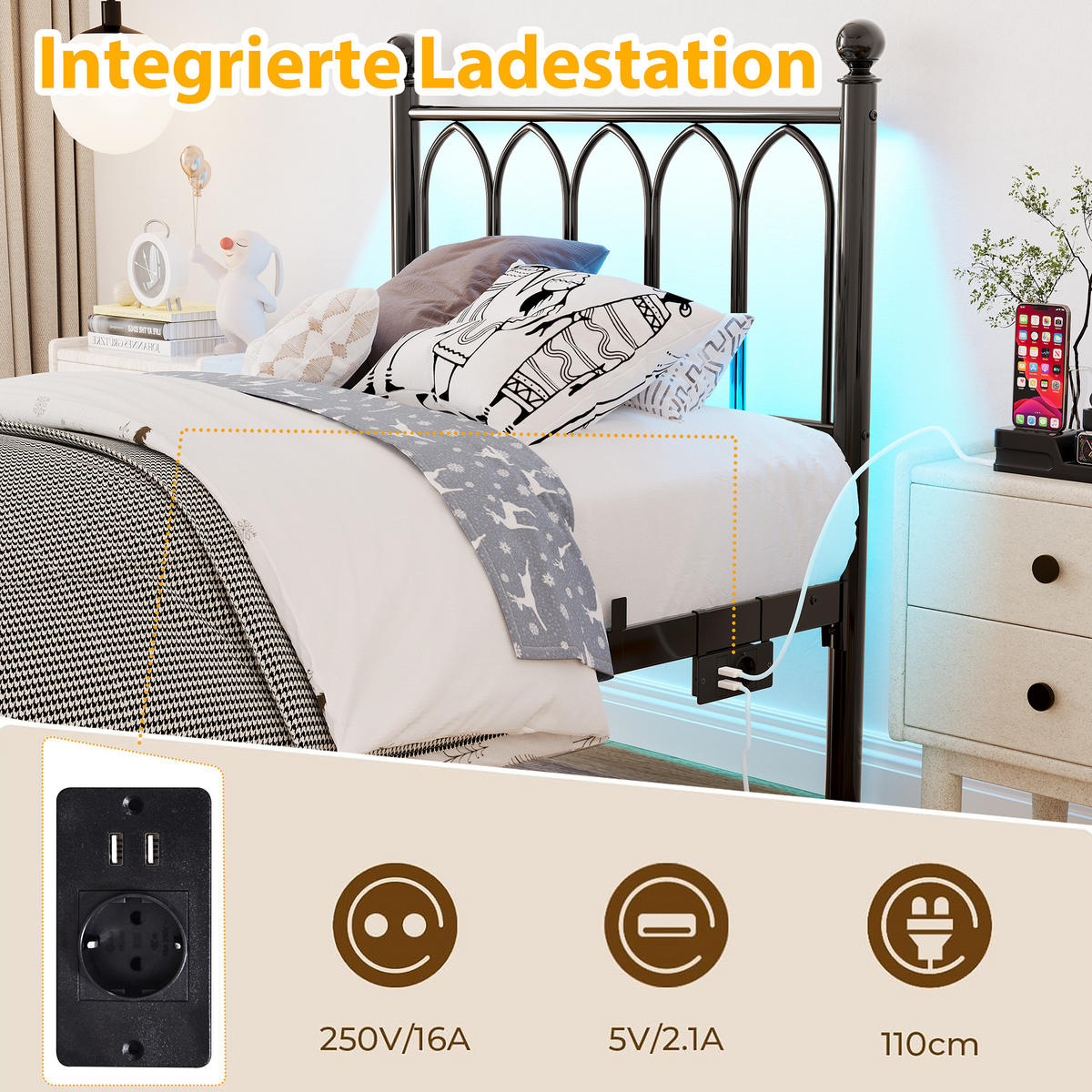 METALLBETT 90x200 cm LED USB Vintage schwarz - Schwarz, Holzwerkstoff (90/200cm) - LEBENLANG