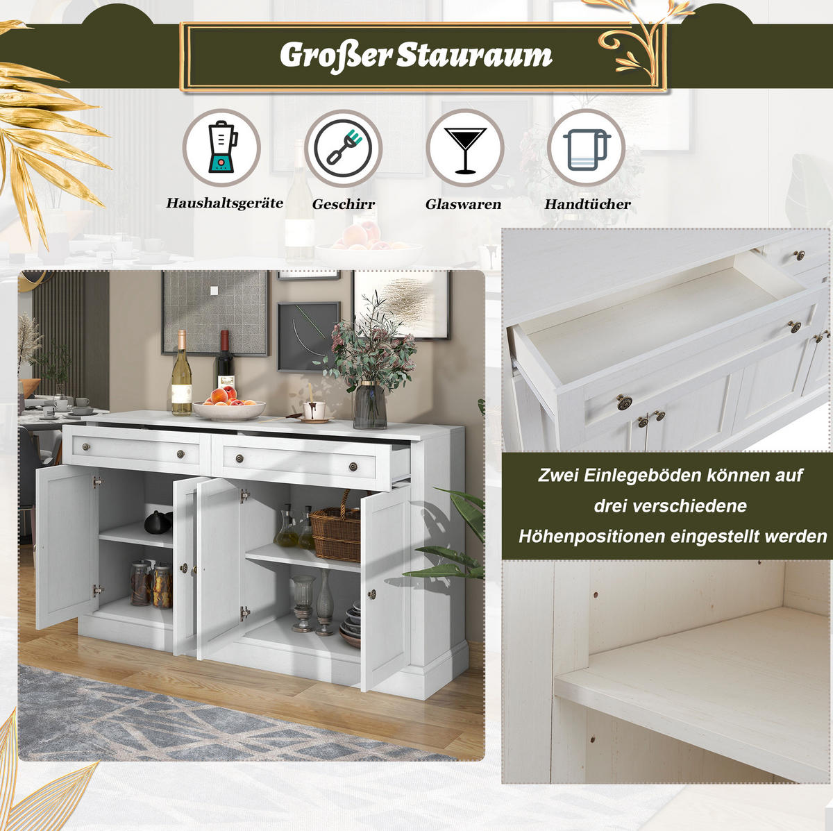 SIDEBOARD 150x40x86 cm Weiß mit 4 Türen & 2 Schubladen - Weiß, Holzwerkstoff (40/86/150cm) - Modfu