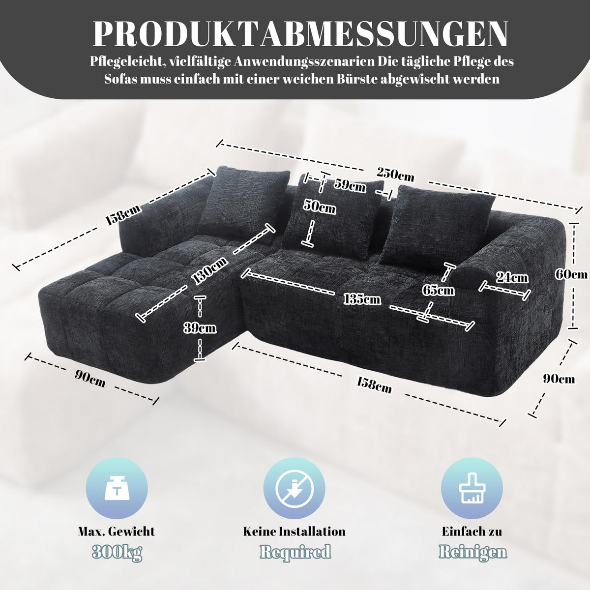 4-SITZER ECKSOFA Chenille Schwarz mit Seitentaschen und mit Kissen - Schwarz, Textil (250/158cm) - WISHDOR