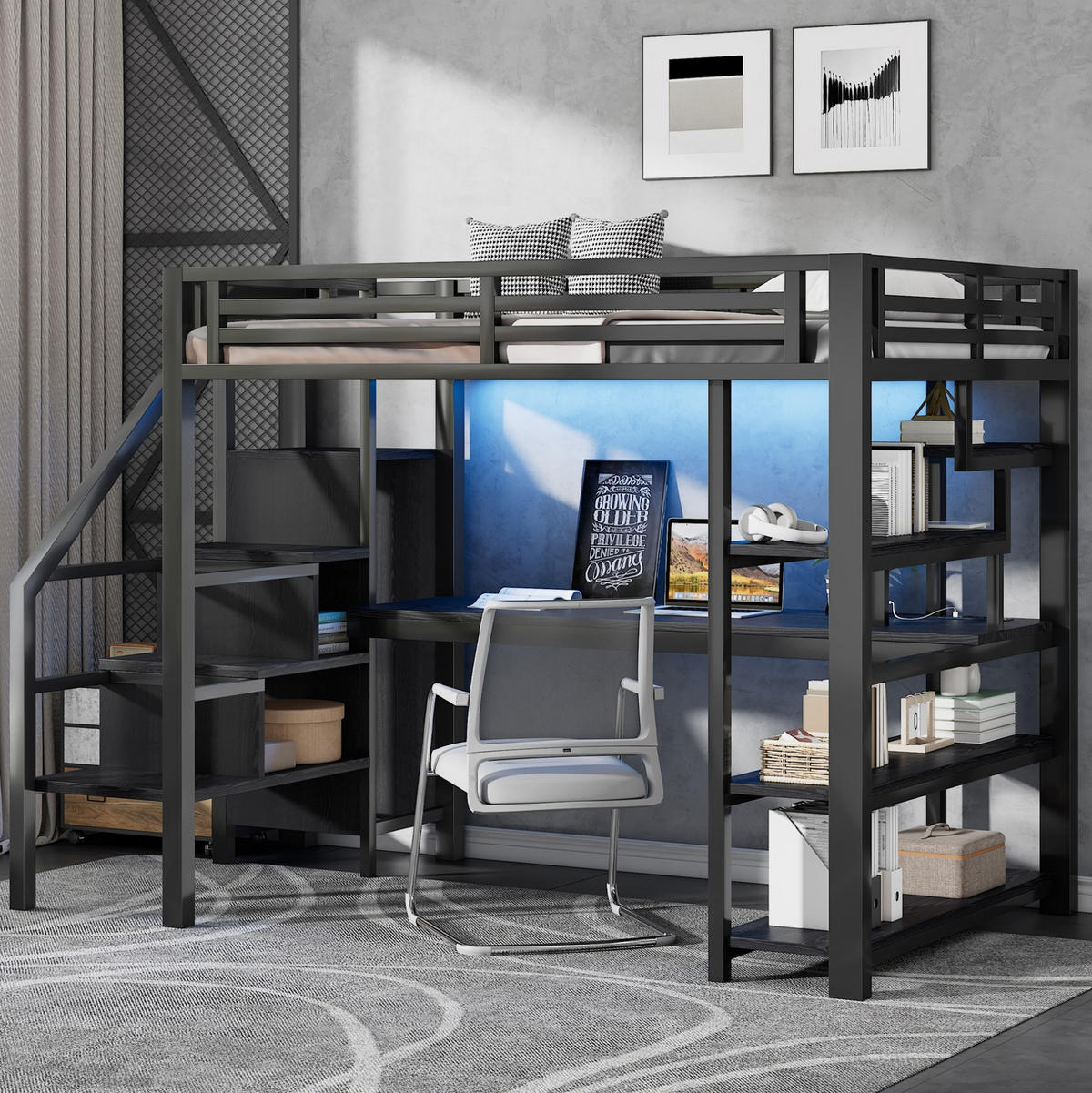 VISOKI krevet 140/200 cm s integriranim stolom, otvorenim ormarom, LED rasvjetom i USB priključkom, Crna - crna, drvni materijal (140/200cm) - Redom
