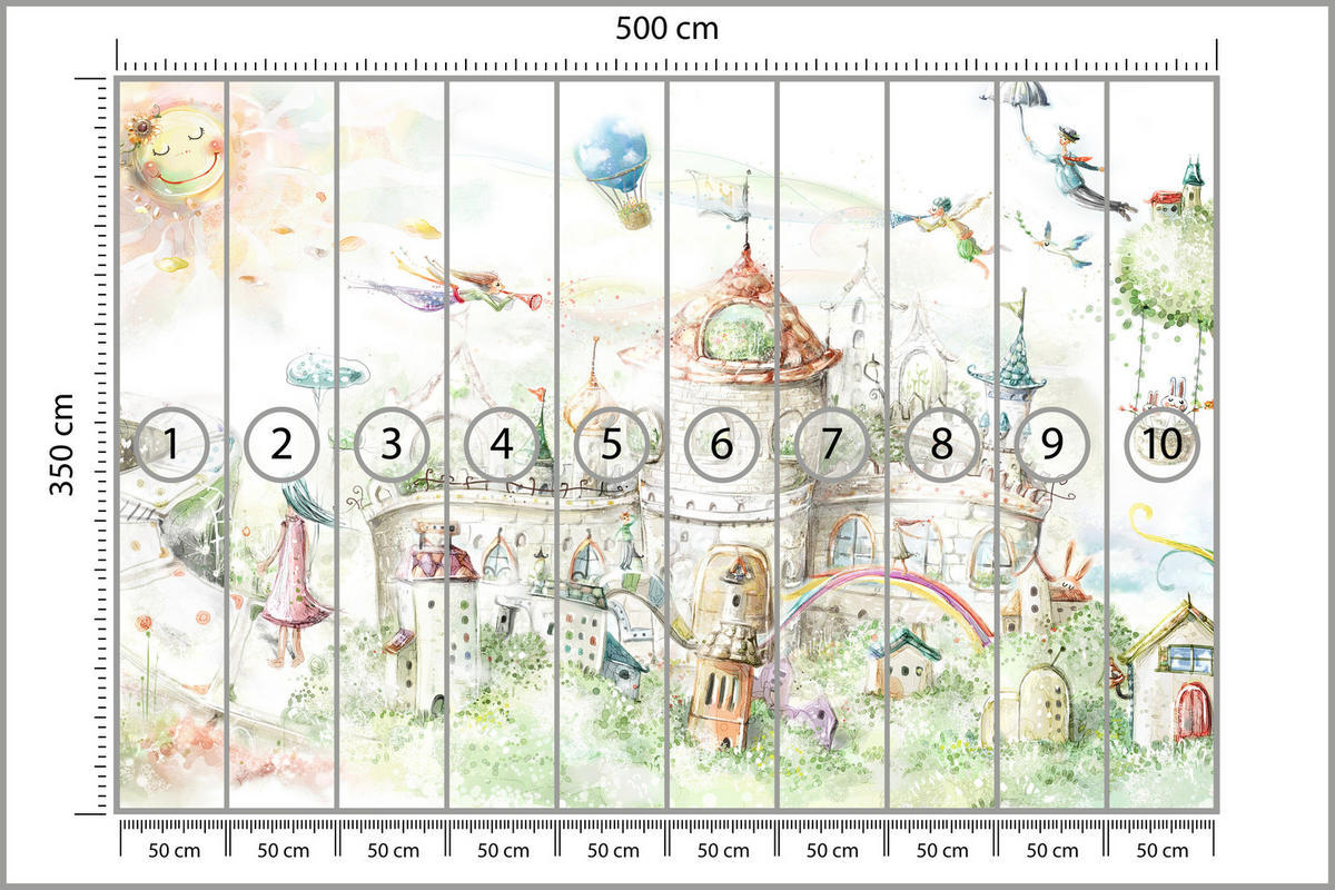 FOTOTAPETE für Kinderzimmer Märchenstadt Schloss Magisch 500x350 - Blau/Gelb, Papier (500/350cm) - Muralo