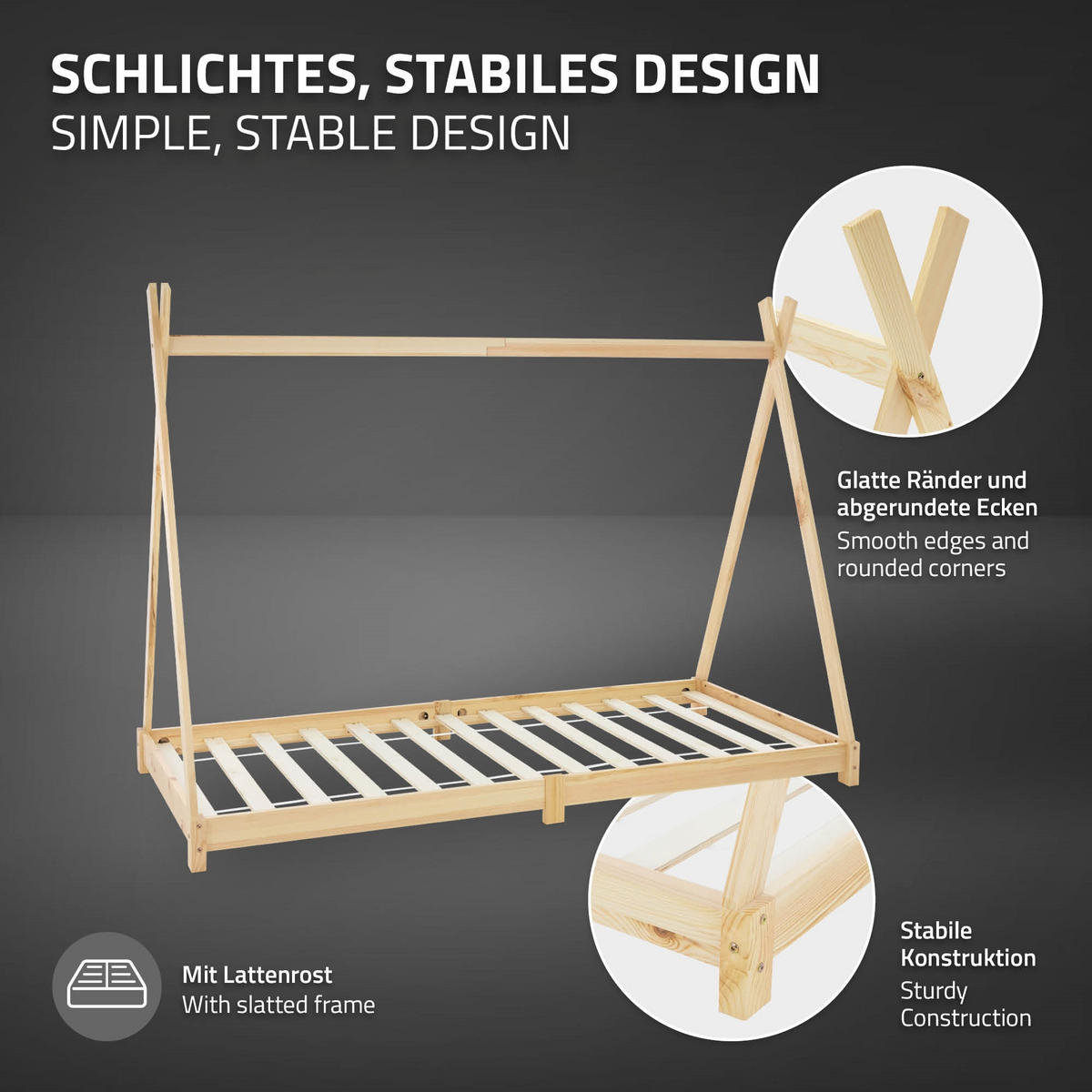 KINDERBETT Tipi mit Matratze 90x200 cm Natur - Naturfarben, Holz (90/200cm) - ML-DESIGN