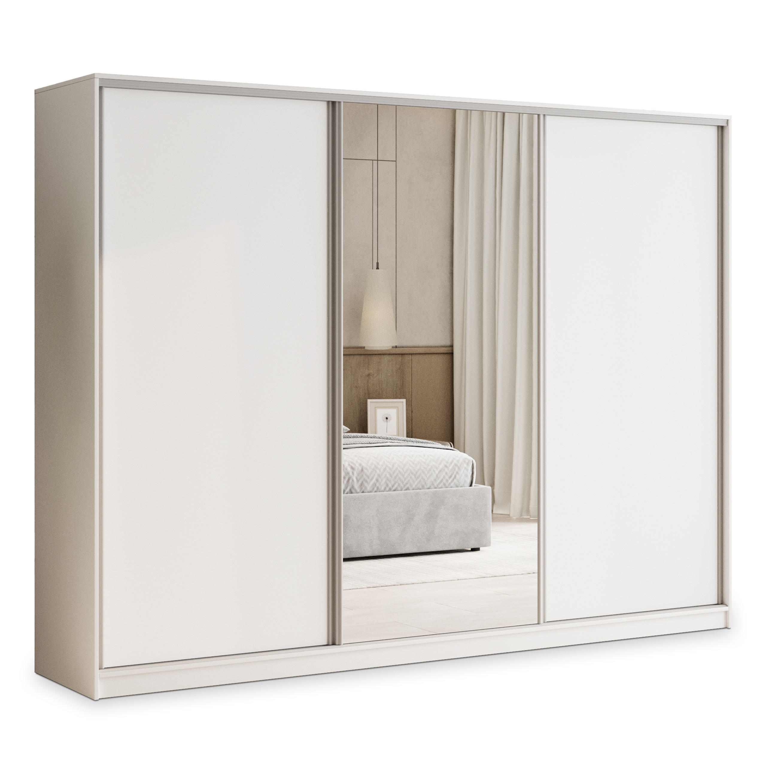 SCHWEBETÜRENSCHRANK TARI 250/205/58 cm 3-türig mit Spiegel und Schubladen Weiß - Silberfarben/Weiß, Holzwerkstoff (250/205/58cm) - MASSENO