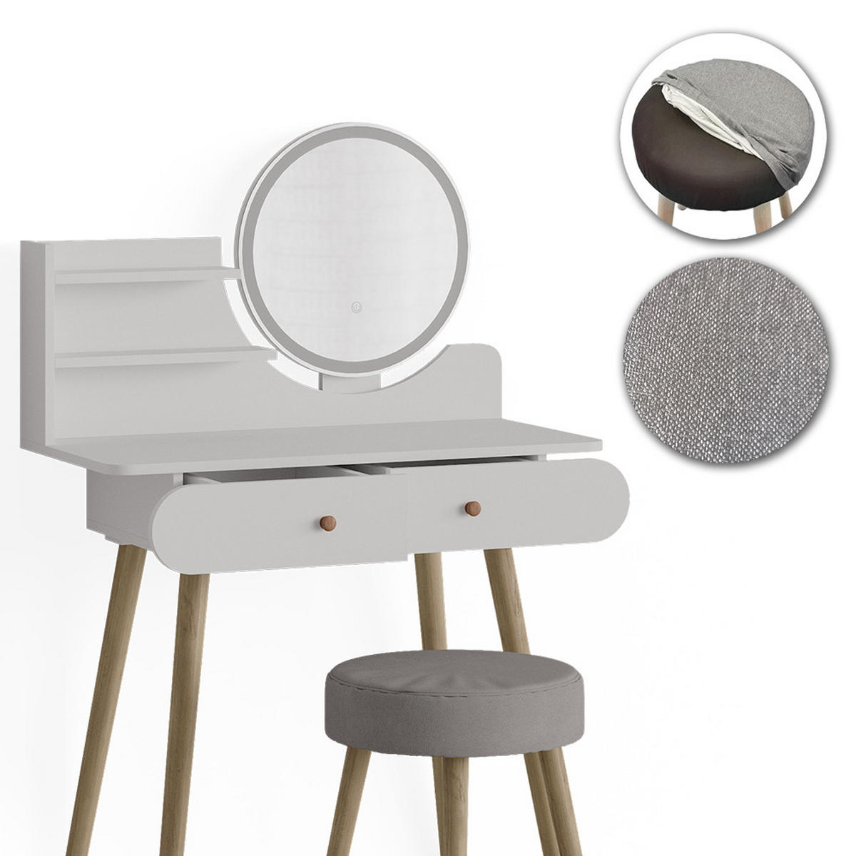 SCHMINKTISCH Edda Weiß 80 cm mit LED Beleuchtung und Hocker - Weiß, Holzwerkstoff (80/121/40cm) - Vicco