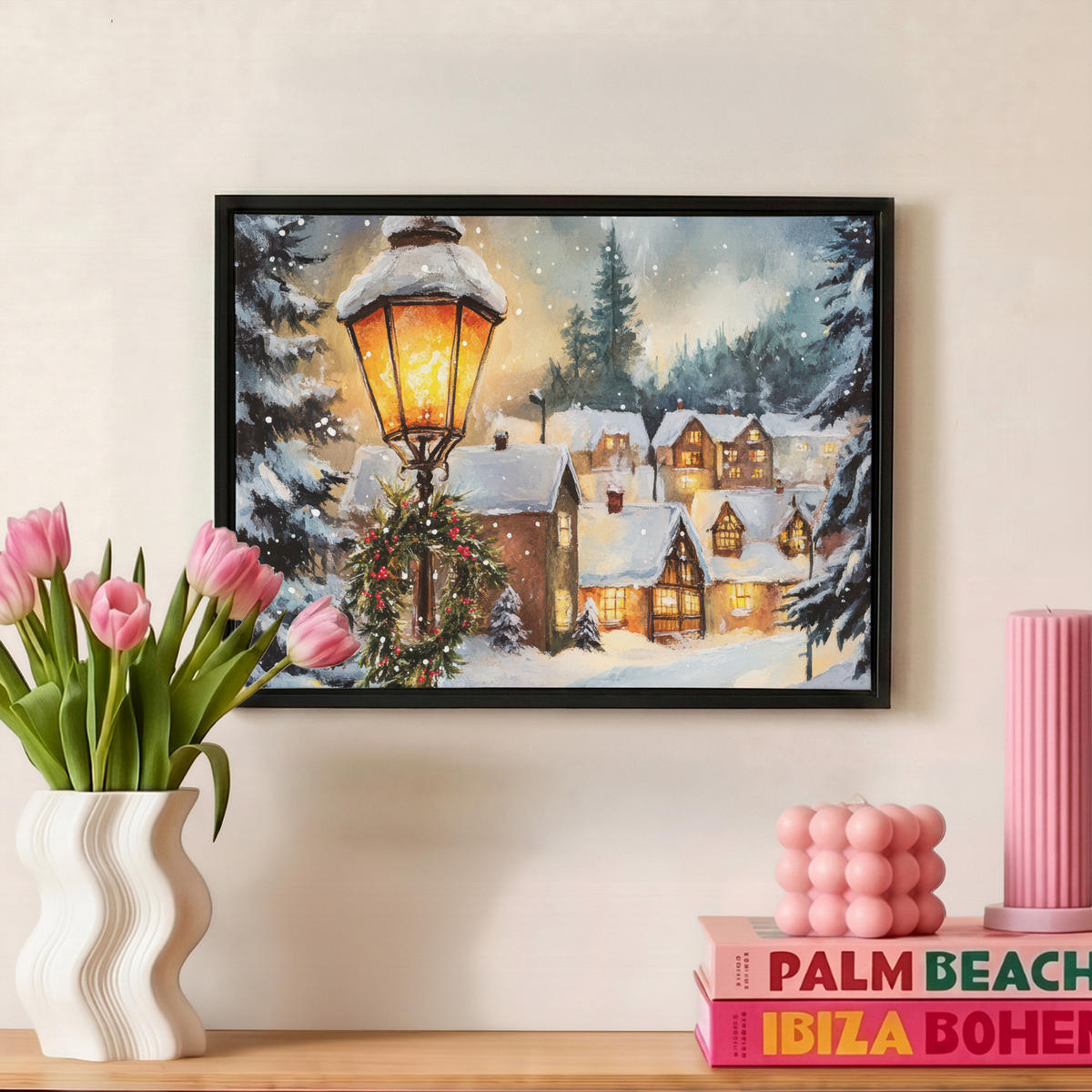 LEINWAND Bilder mit Rahmen - Weihnachtsdorf - Häuser - Schnee - Weihnachten - 40x30 - Sandfarben, Textil (40/30cm) - MuchoWow