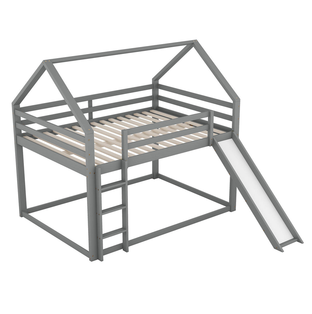 ETAGENBETT 140/200 cm mit Rutsche, Leiter und Hausdesign aus Kiefer , Grau - Grau, Holzwerkstoff (140/200cm) - Redom
