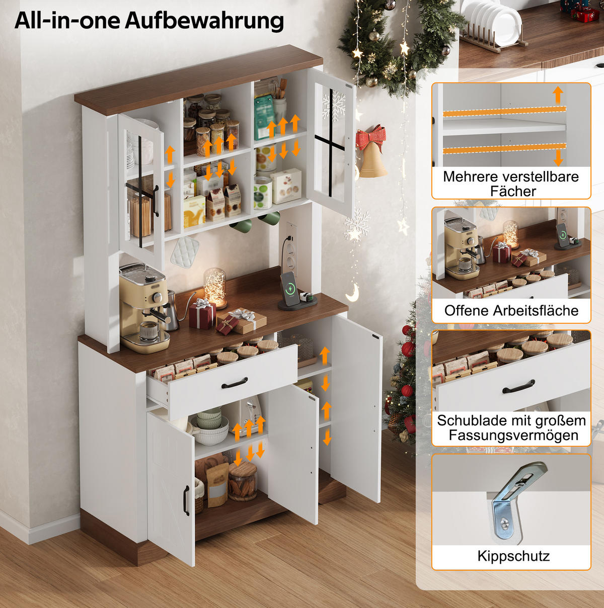 BUFFETSCHRANK 105/40/185 cm aus MDF mit LED-Beleuchtung, Steckdosenmodul und verstellbaren Einlegeböden, Natur/Weiß - Naturfarben, Holzwerkstoff (105/185/40cm) - Redom