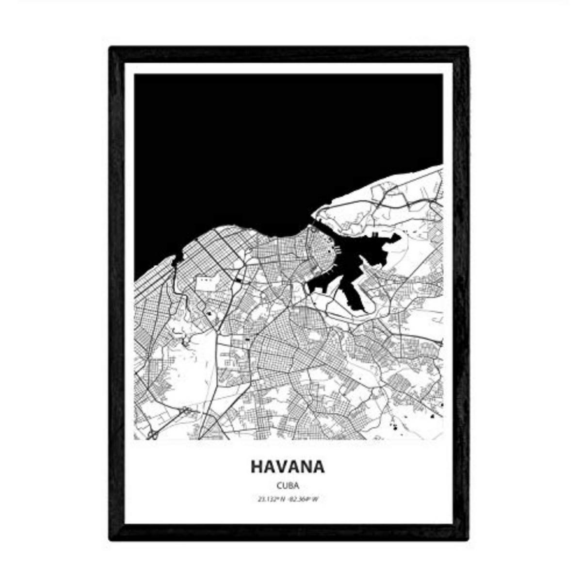 POSTER Karte Von Havanna - Kuba A3 Schwarzer Rahmen - Schwarz, Papier (29.7/5/42cm) - Nacnic