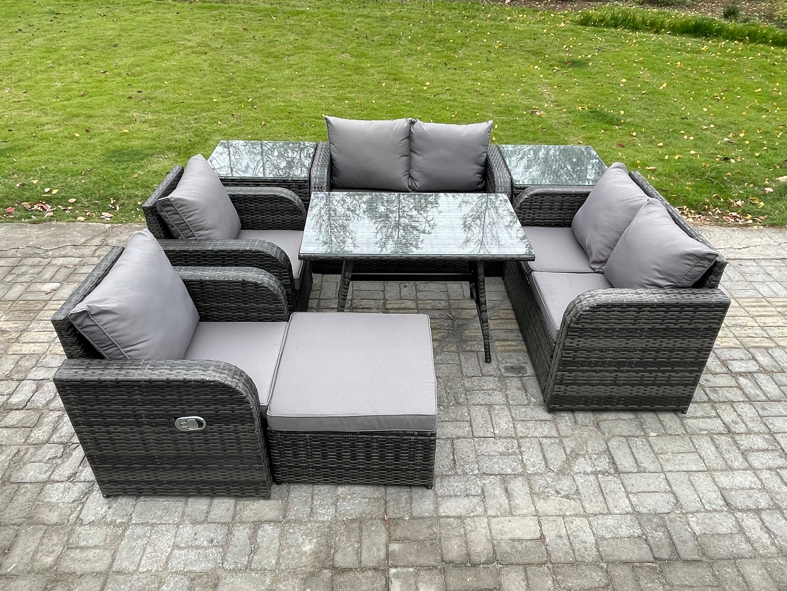BALKONSET mit ESSTISCH SOFA Polyrattan Dunkelgrau 7-Sitzer - Dunkelgrau/Grau, Glas/Kunststoff - Fimous