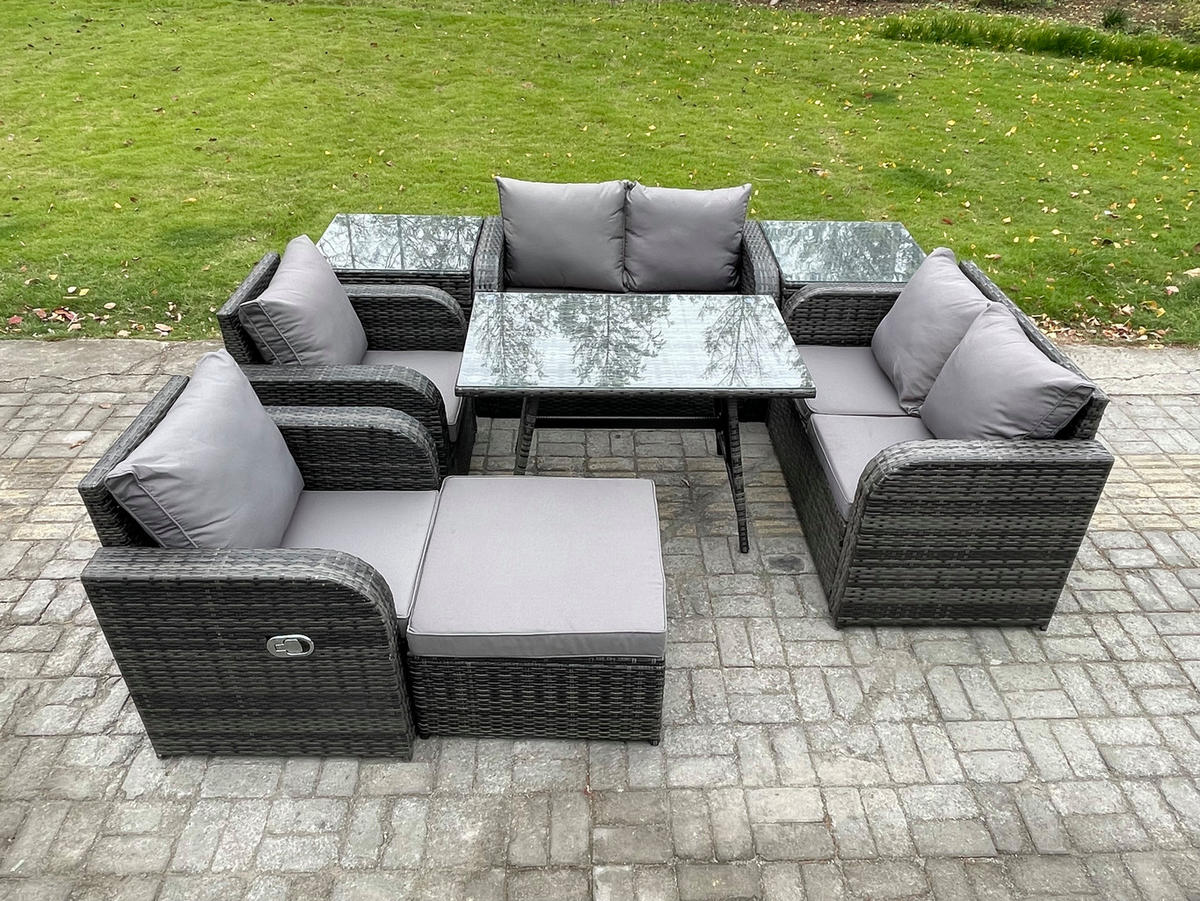 BALKONSET mit ESSTISCH SOFA Polyrattan Dunkelgrau 7-Sitzer - Dunkelgrau/Grau, Glas/Kunststoff - Fimous