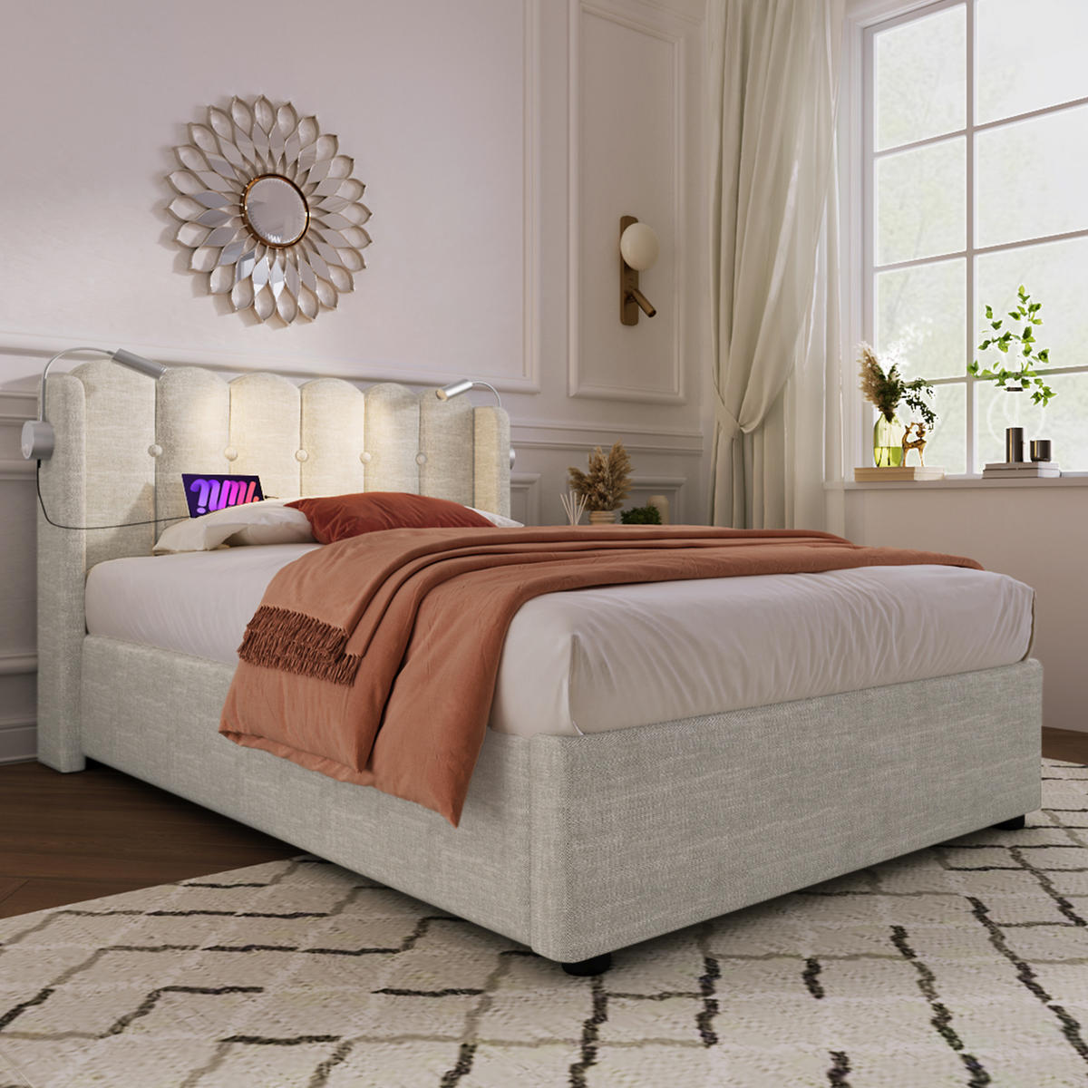 POLSTERBETT mit Bettkasten, Leselicht und USB 90x200 cm Beige - Beige, Metall (90/200cm) - Meubliv