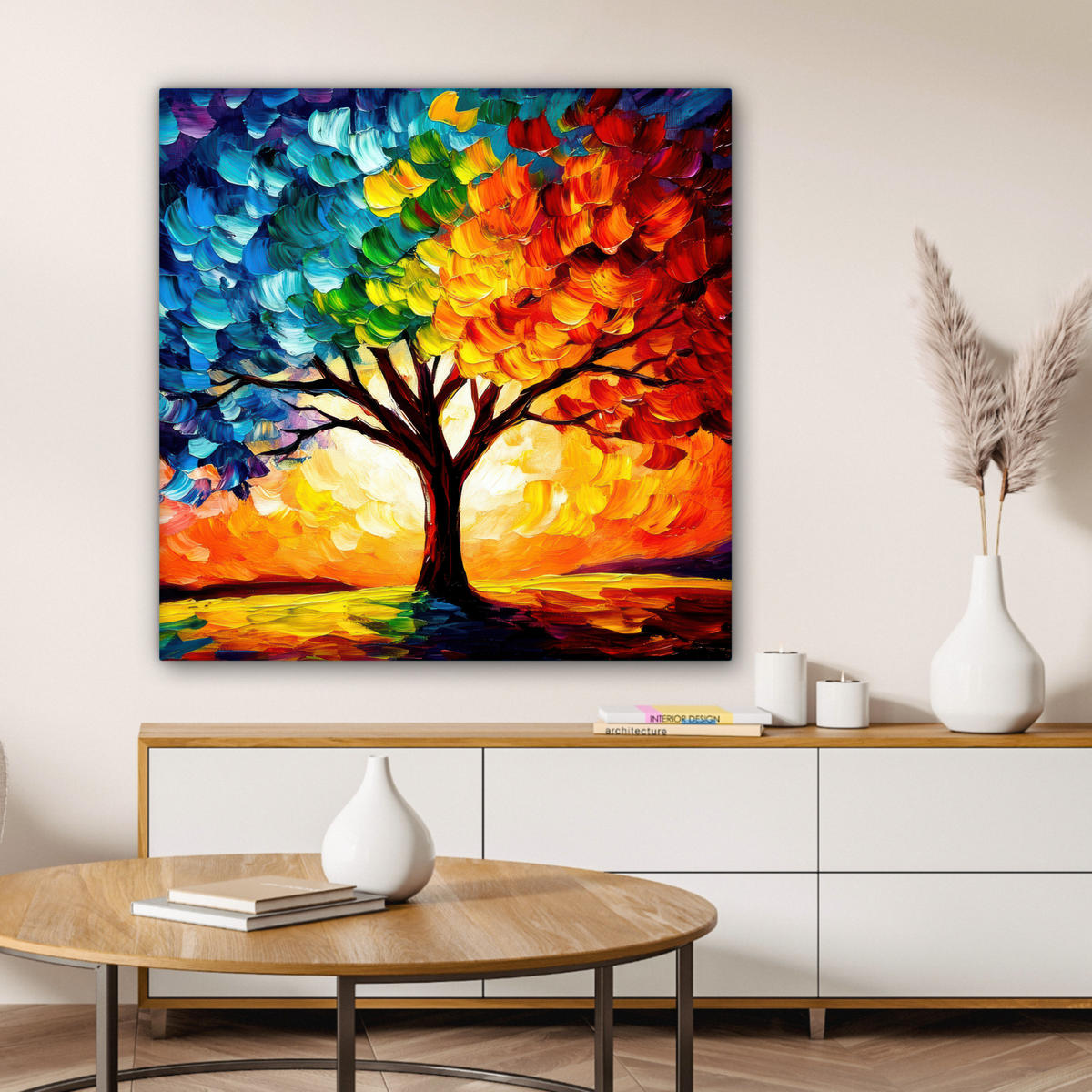 OBRAZ NA PLÁTNE Strom - umenie - príroda - západ slnka 90x90 cm - viacfarebná, textil (90/90cm) - MuchoWow
