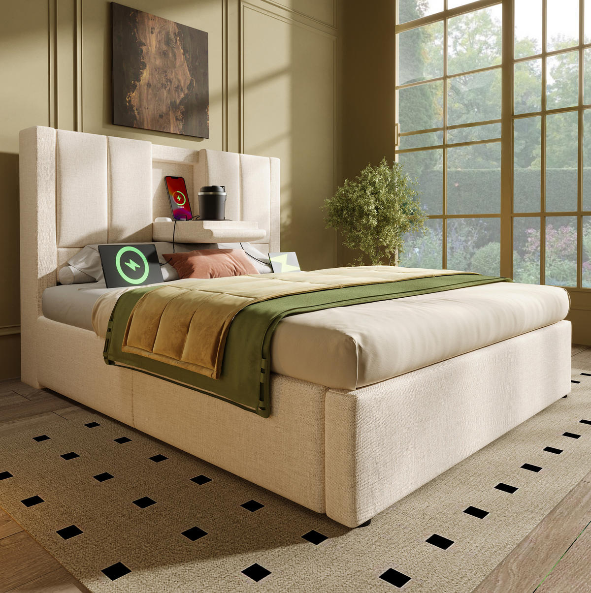 POLSTERBETT 90/200 cm aus Leinen mit Ladestation, Becherhalter und Stauraum Beige - Beige, Textil (90/200cm) - Modenvie