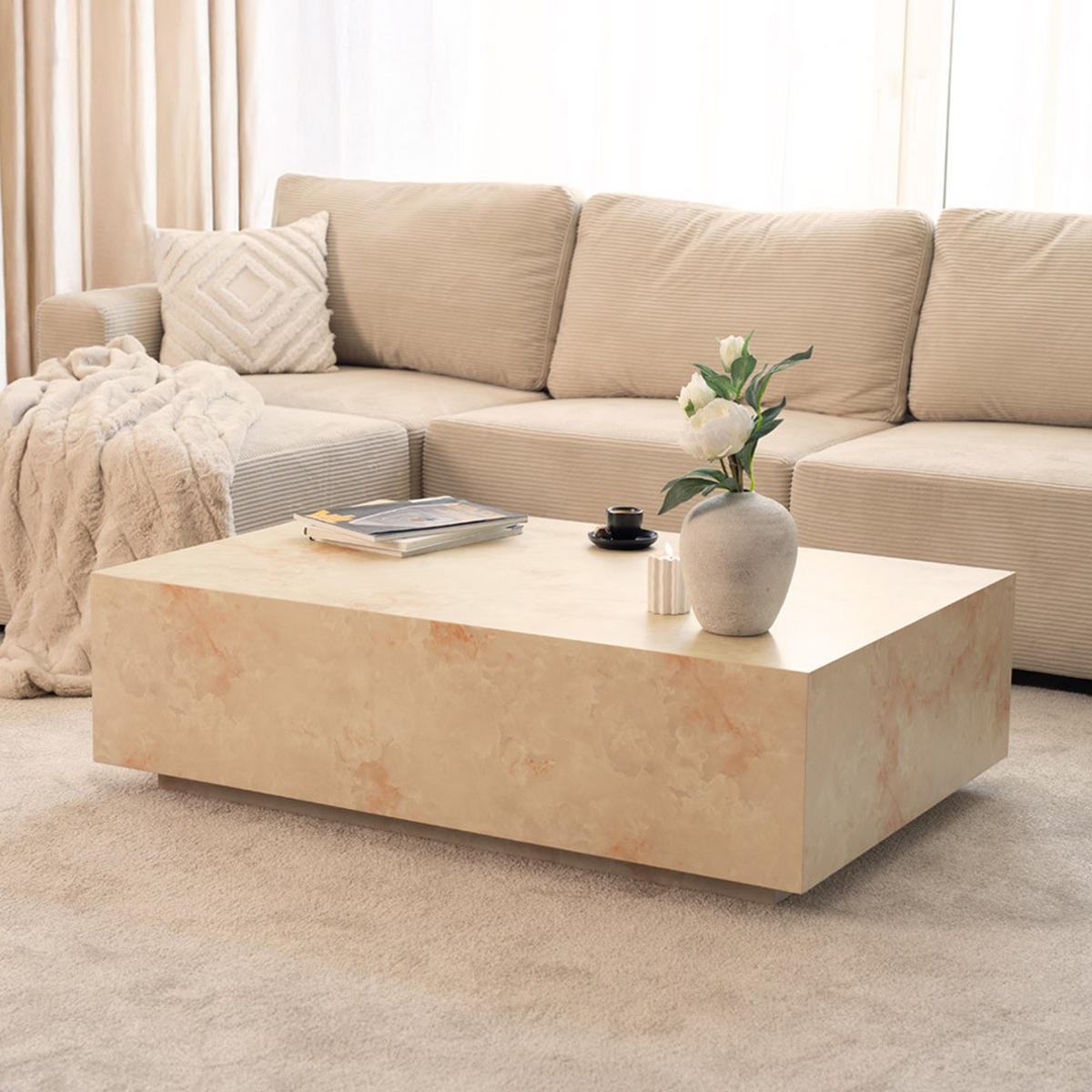COUCHTISCH AMIRI XXL - Sandstein, 120 x 80 cm - Beige, Holzwerkstoff/Textil (80/120/35cm) - Home Deluxe