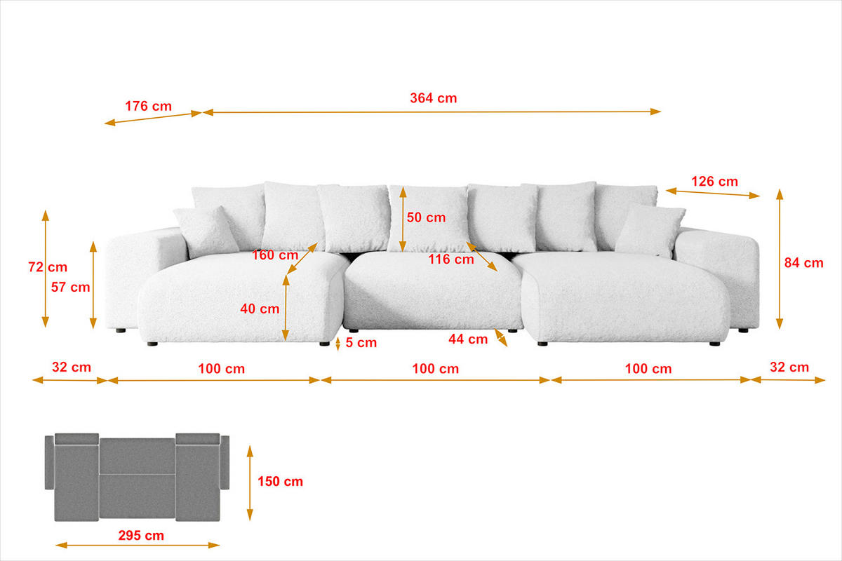 WOHNLANDSCHAFT mit Schlaffunktion ESKAR-U -364x176x84cm Weiß Bouclé - Schwarz/Weiß, Holzwerkstoff/Kunststoff (364/84/176cm) - ALTDECOR