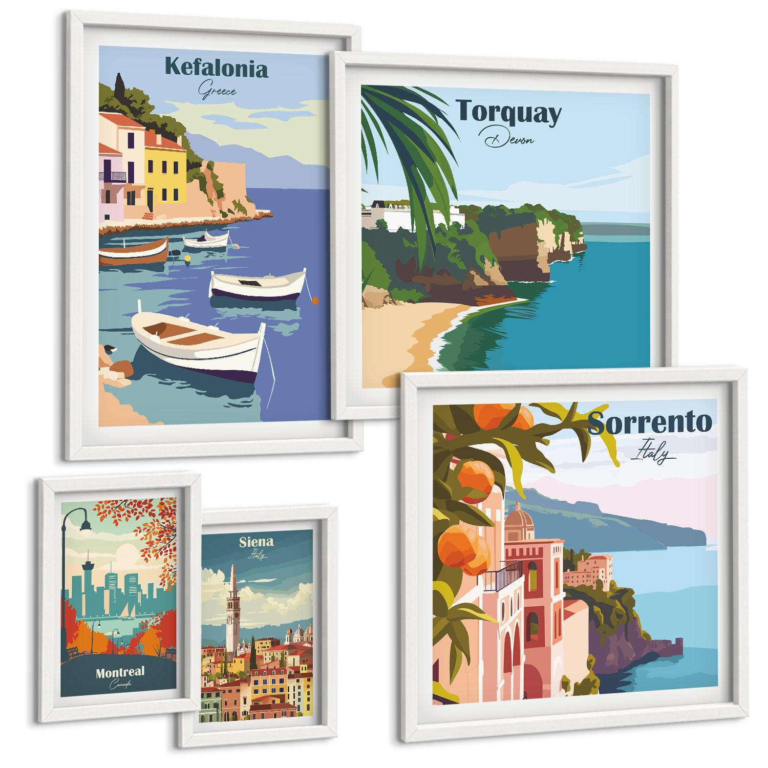 BILDER SET 5er Set - 50x50 cm & 20x30 cm & 40x60 cm Weißer Rahmen - Retro-Illustrationen berühmter Orte - Weiß, Kunststoff (40/60cm) - TULUP