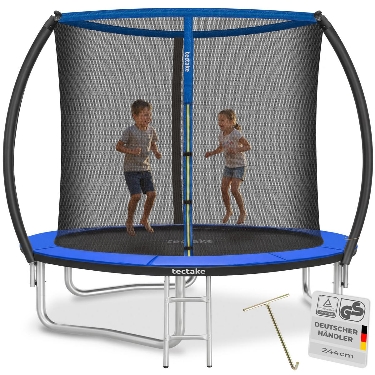 TRAMPOLIN Jumpy, inklusive Einstiegsleiter, schwarz/blau - Blau/Schwarz, Metall (260/250/260cm) - tectake