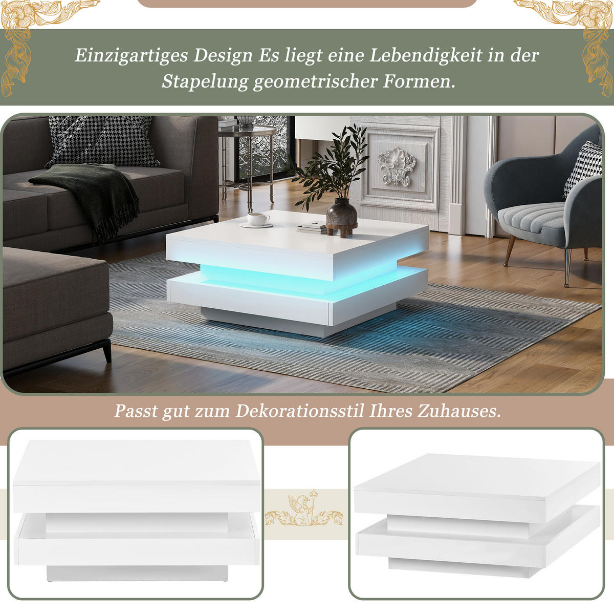 COUCHTISCH aus Spanplatte 70x70x36 cm in Weiß mit LED-Beleuchtung & Drehplatte - Weiß, Holzwerkstoff (70/70/36cm) - Modfu