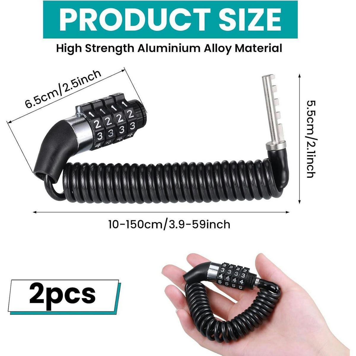 KABELSCHLOSS 2-teiliges Set 150 cm mit Zahlenschloss - Schwarz, Metall (5/3/15cm)