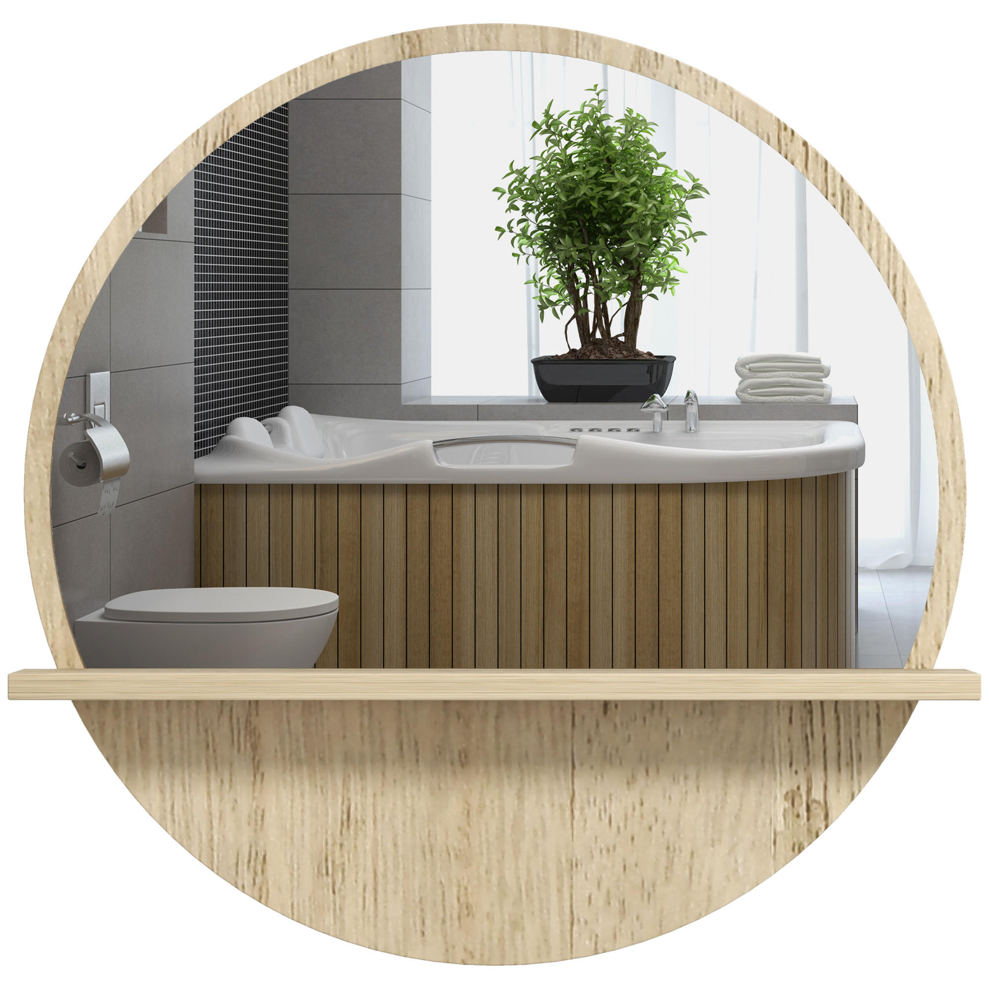 BADEZIMMERSPIEGEL DE-15148 Ø 45 cm mit Ablage - Naturfarben, Glas (45/10/45cm) - ComfortXL
