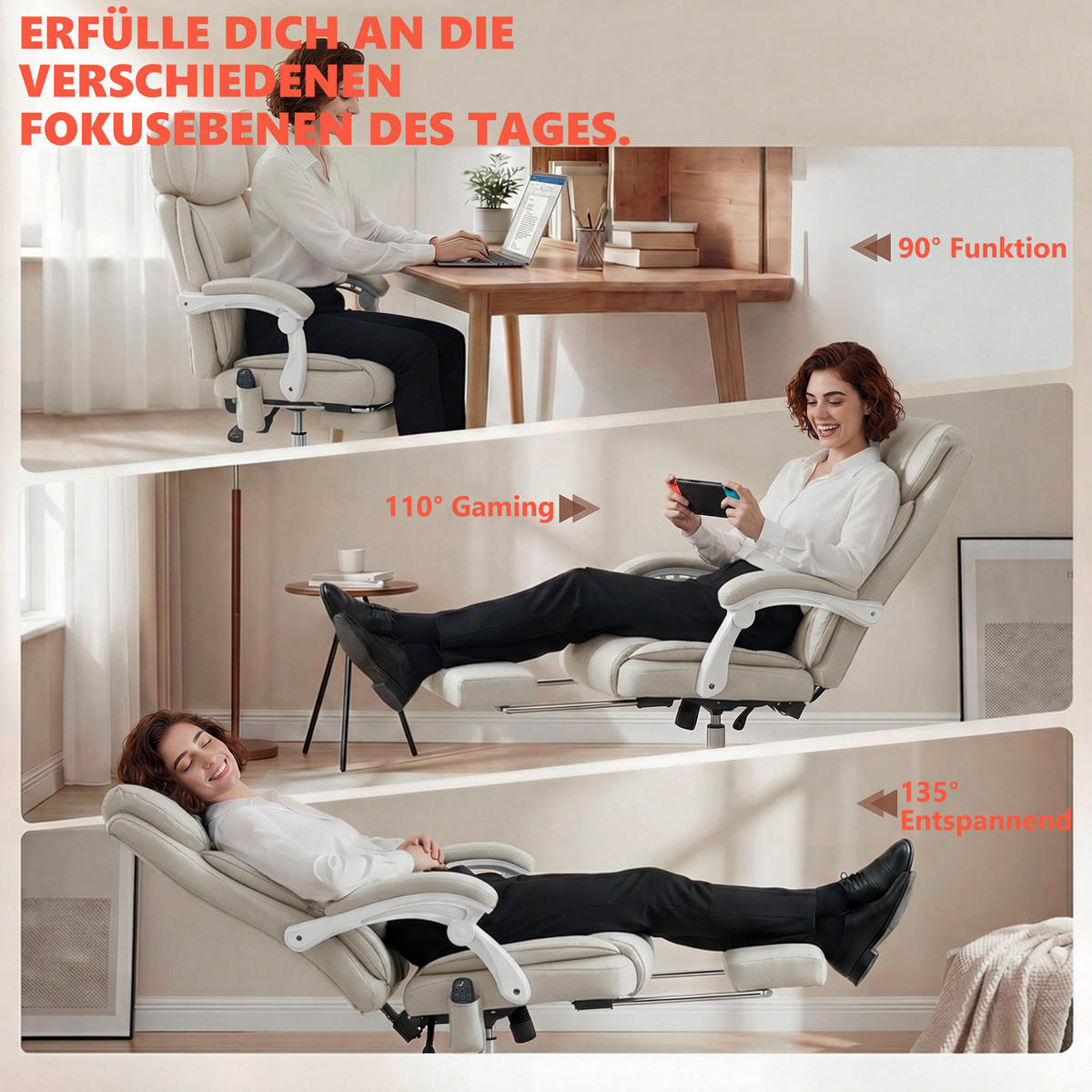 DREHSTUHL Massage Hochlehner Vibration Heizung neigbar Fußstütze Cremeweiß - Weiß, Textil (75.5/122.5/70cm)
