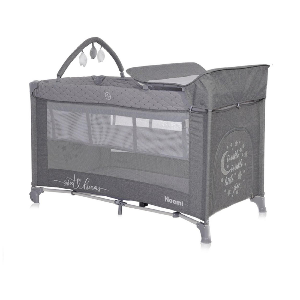 REISEBETT Noemi 2 Ebenen dunkelgrau Wickelauflage, Spielbogen, Tragetasche, Räder - Grau, Kunststoff (69/127cm) - Lorelli