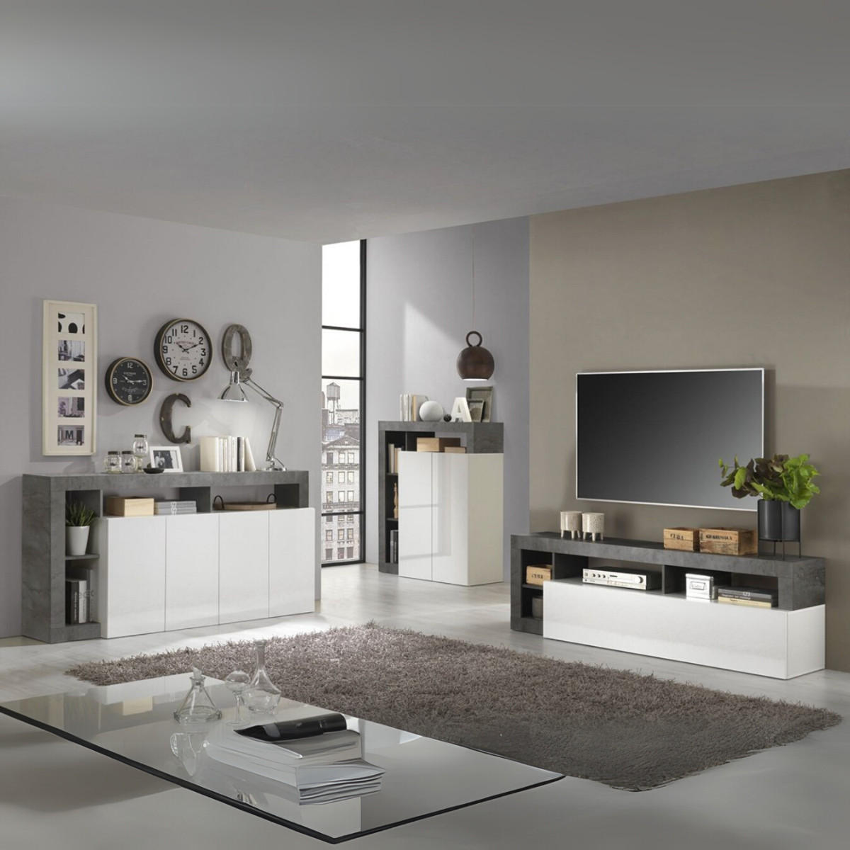 TV-MÖBEL mit 1 Tür & 4 Ablagen - Weiß lackiert & Beton-Optik - SEFRO - Grau, Holz (42/58/184cm) - Vente-Unique