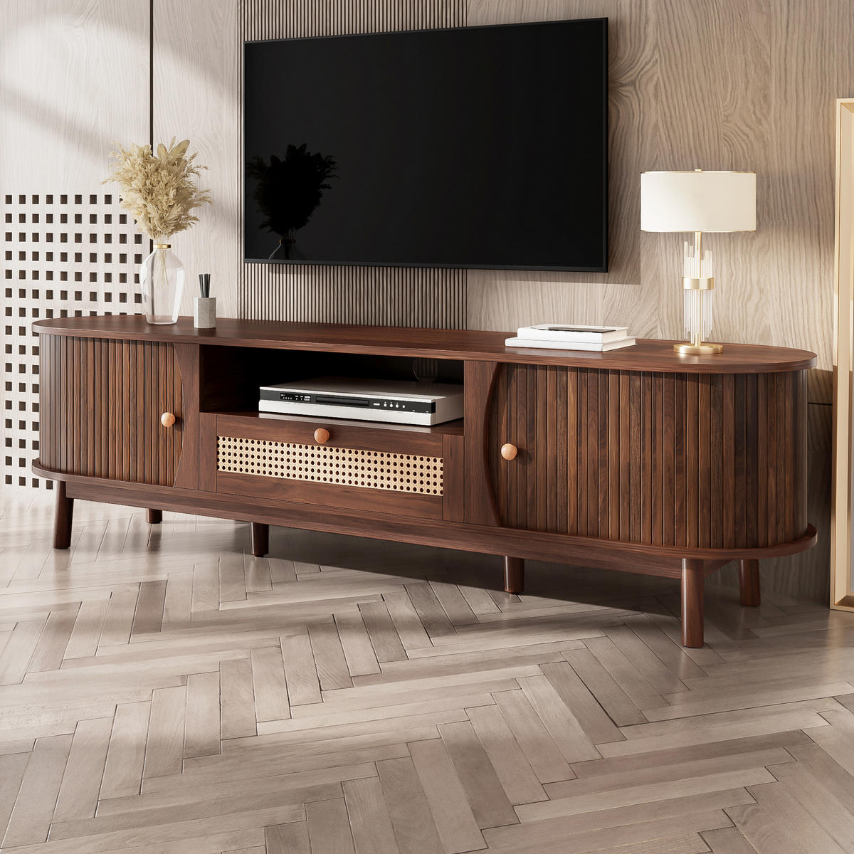 TV-ELEMENT165X37X46CM Rattan-Schiebetüren Nussbaum-Optik Landhausstil - Walnussfarben, Holz (44.5/12.6/178.99cm) - Raelunyi