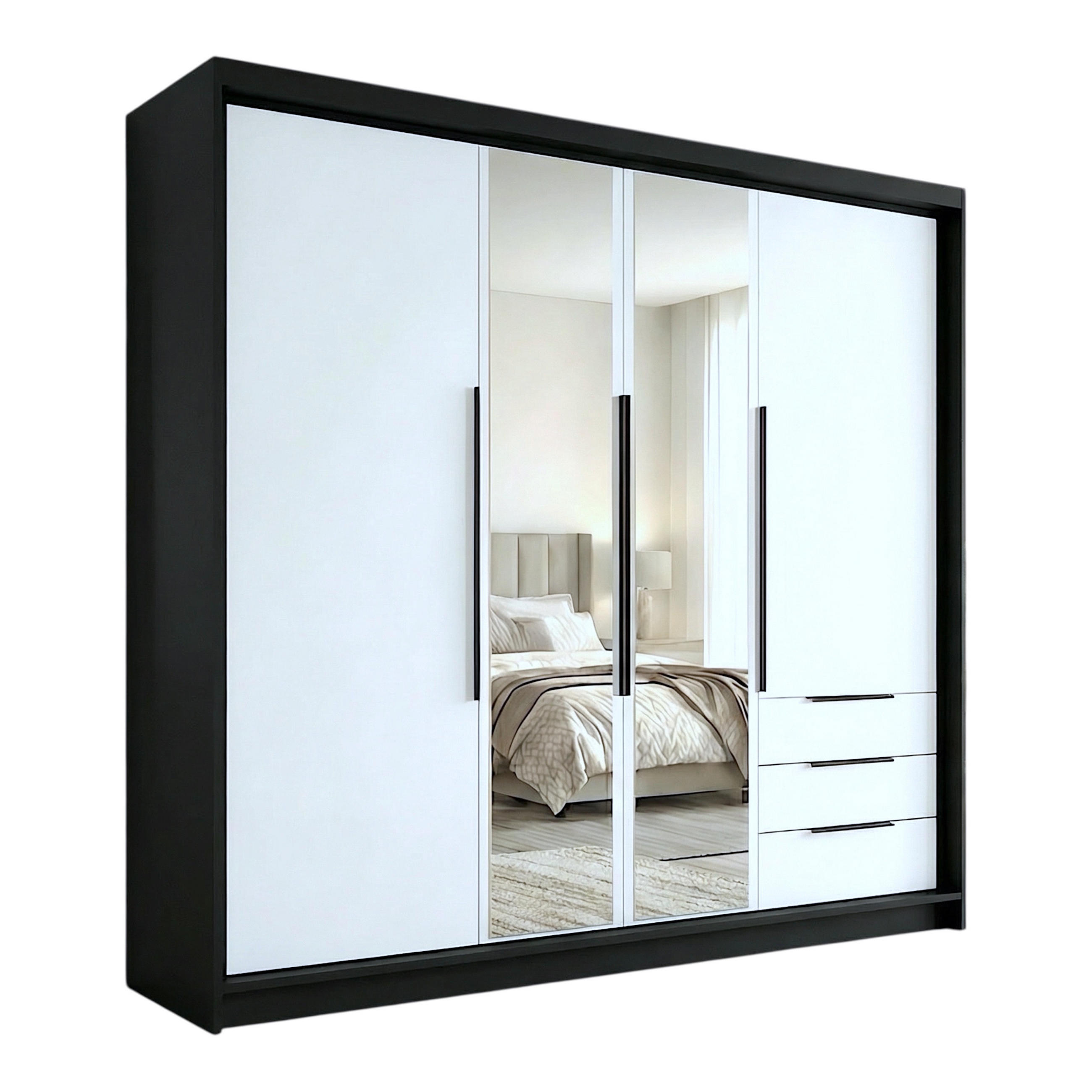 A&J MöbelLand Drehtürenschrank Schwarz, Weiß, Weiß 200x215x59.5 cm
