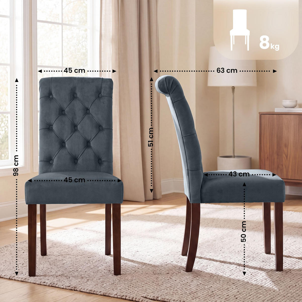 STUHL 2er Set Samt Dunkelgrau - Dunkelgrau/Walnussfarben, Holz/Textil (45/98/63cm) - CLP