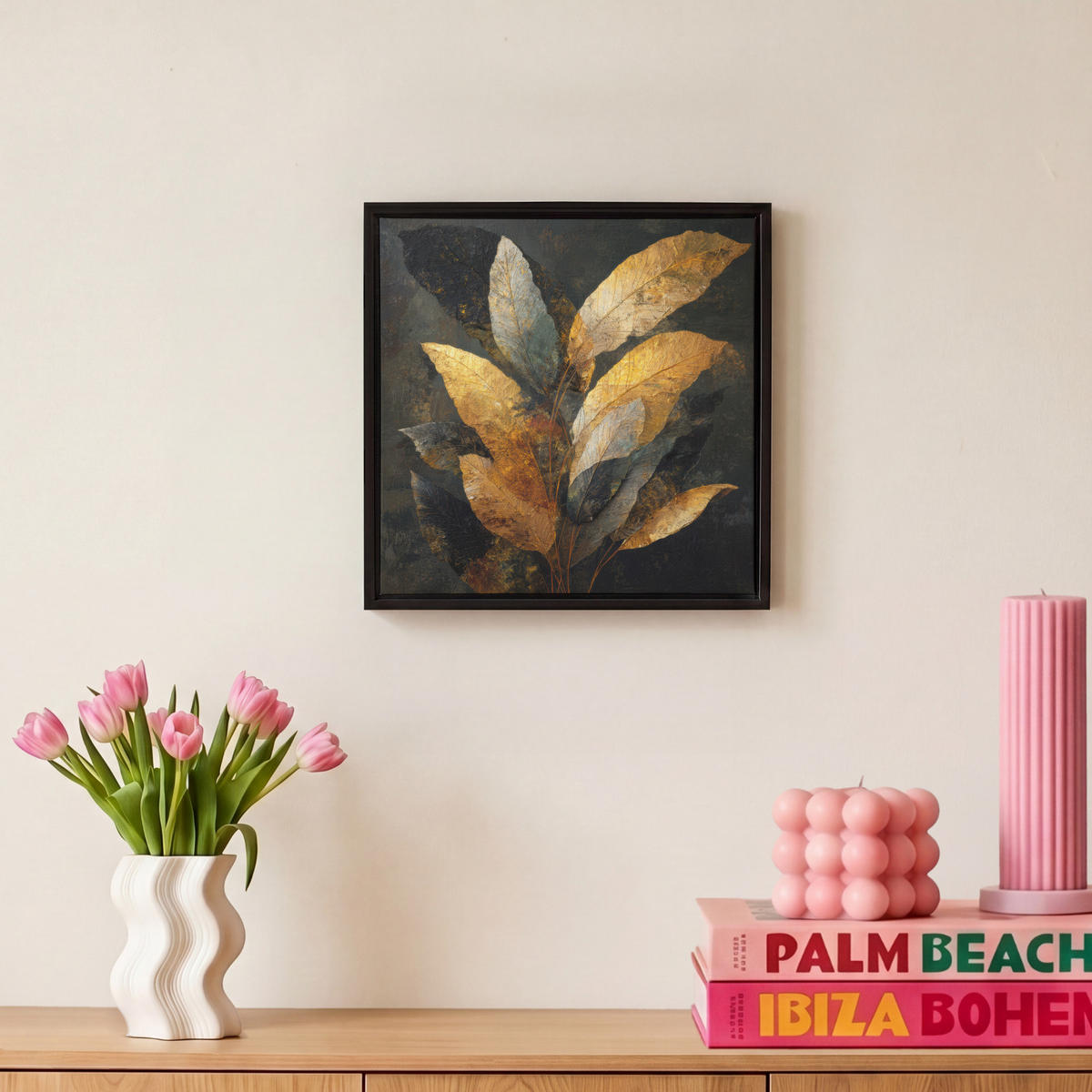LEINWAND Bilder mit Rahmen - Golden Leaf Komposition - Botanical Luxury - 20x20 - Goldfarben, Textil (20/20cm) - MuchoWow