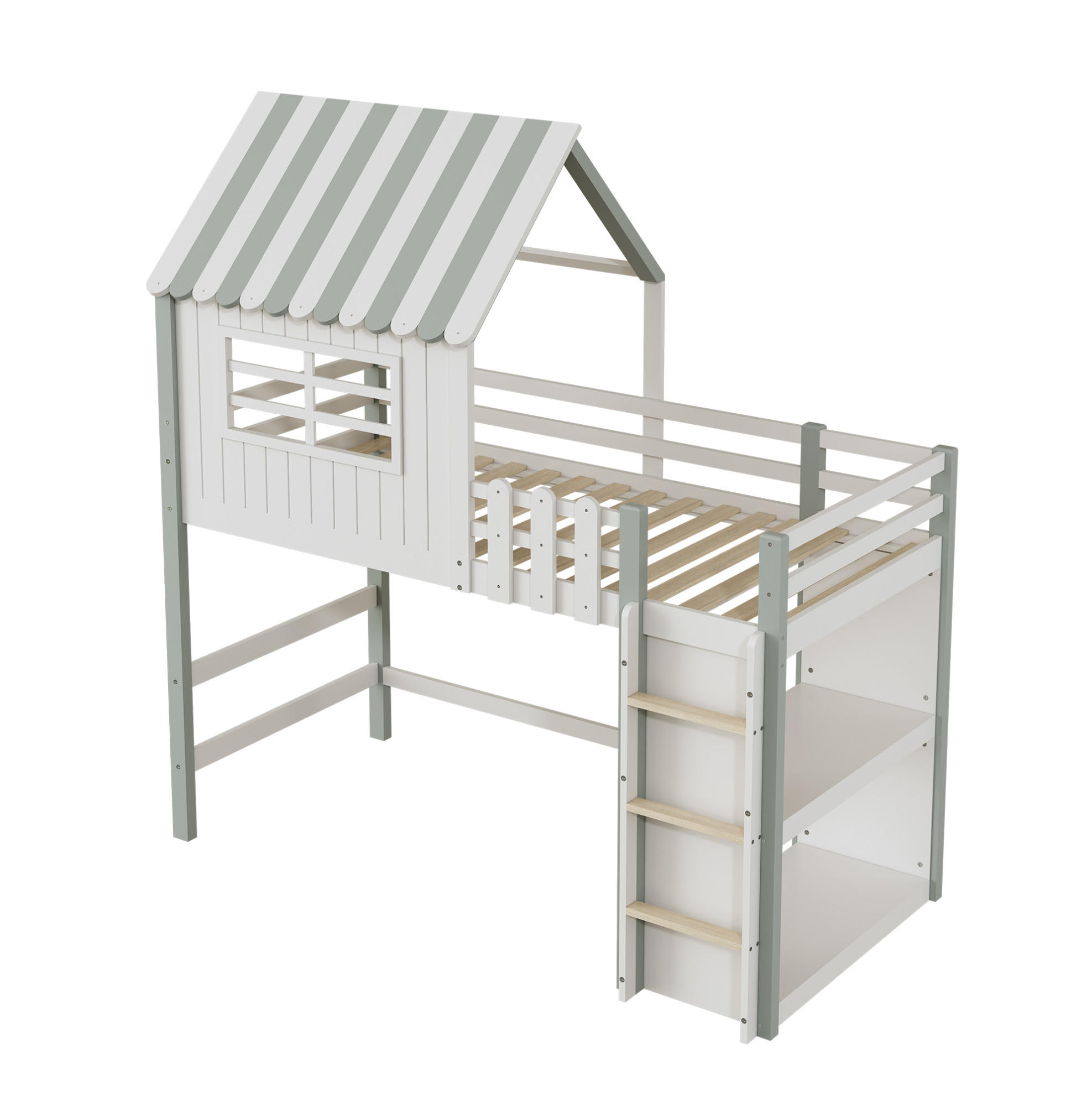 HAUSBETT 90/200 cm Grün aus Massivholz mit Dach und Sicherheitsleiter - Grün, Holz (90/200cm) - OKMYHOME