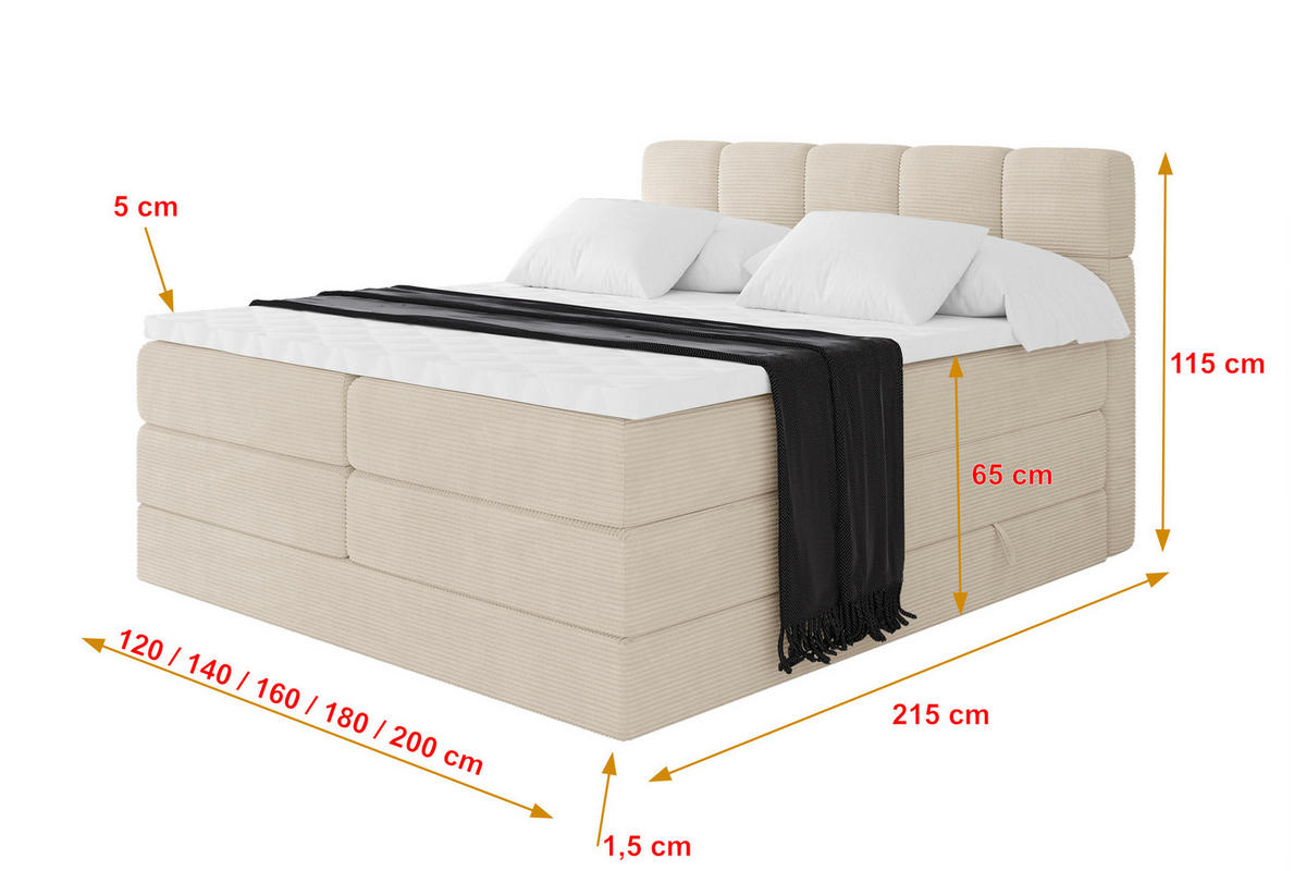 BOXBETT mit Matratze H3/H4 - FAMA KING - 140x200 cm Beige Poso - Ecru, Holzwerkstoff (140/200cm) - ALTDECOR
