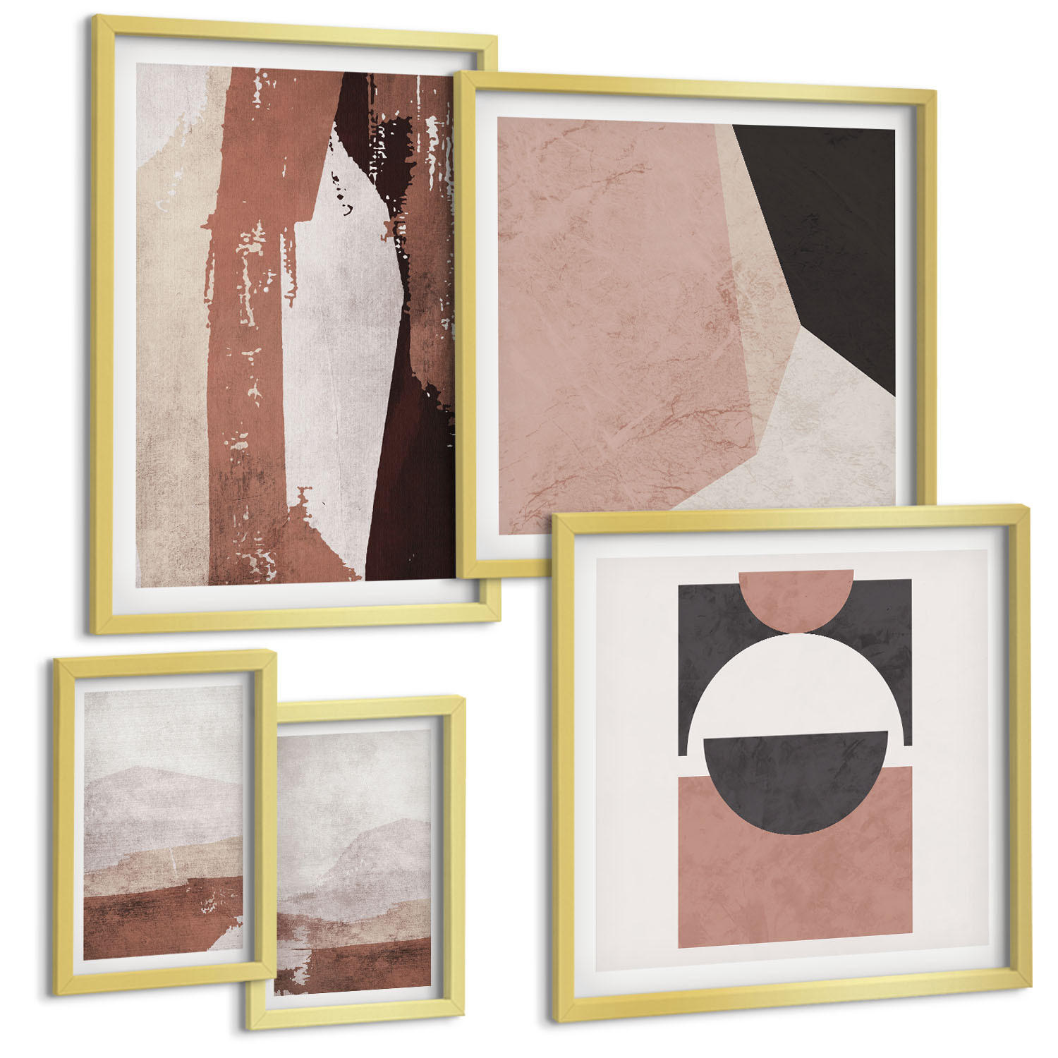 BILDER SET 5er Set - 50x50 cm & 20x30 cm & 40x60 cm Goldrahmen - Abstrakte braune Muster - Goldfarben, Kunststoff (40/60cm) - TULUP