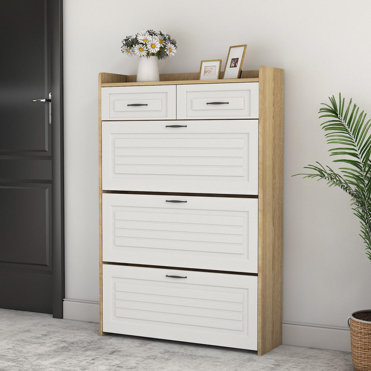 DREHBARES SCHUHSCHRANK 3 Klapptüren 2 Schubladen - Weiß, Holzwerkstoff (23.5/131/80cm) - Bomclap