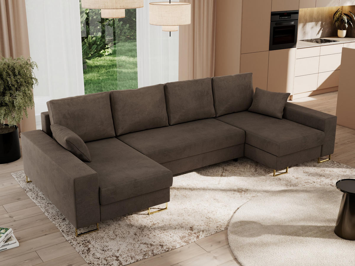 WOHNLANDSCHAFT DORIAN U Velvet Braun - Goldfarben/Braun, Textil/Metall (312/95/138cm) - MKS