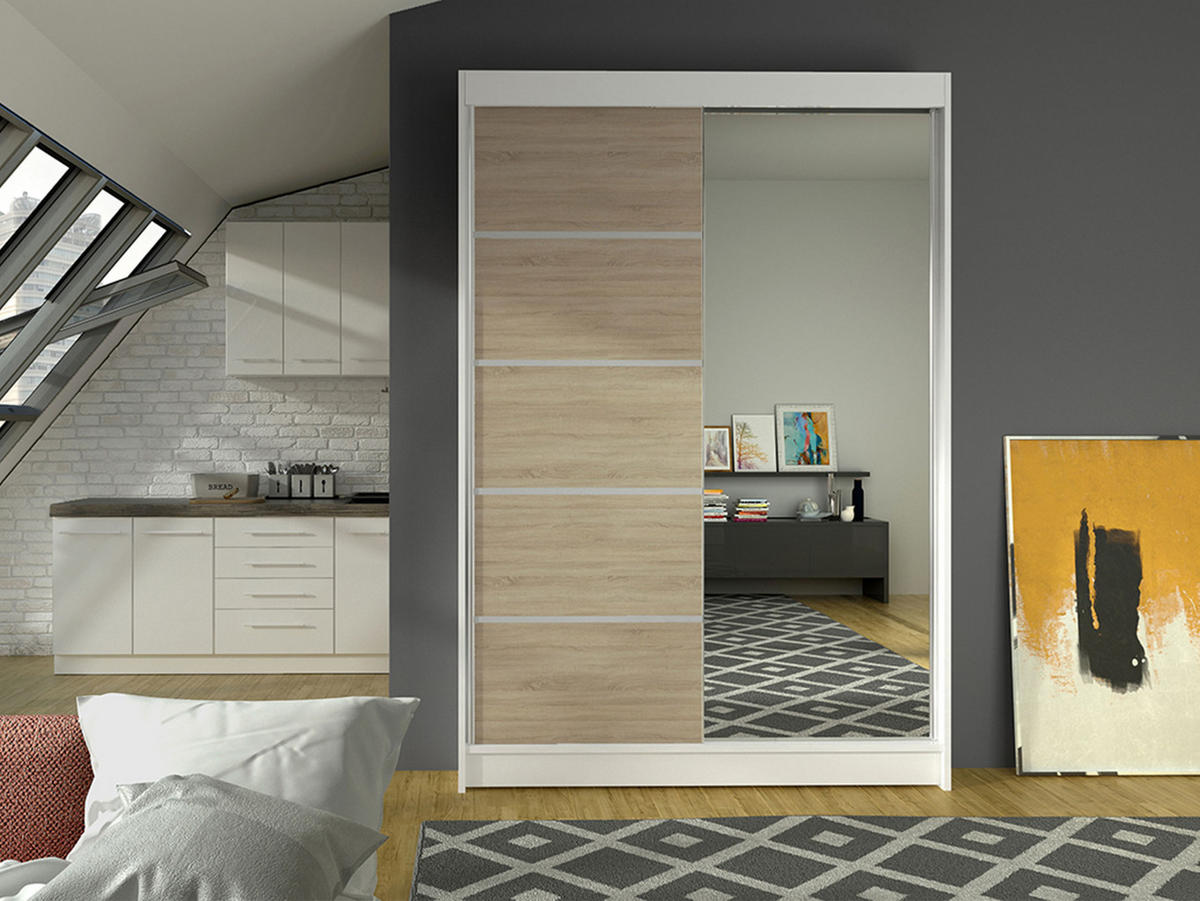 SCHWEBETÜRENSCHRANK Lino III - Weiß/Sonoma Eiche, Holzwerkstoff/Metall (120/200/58cm) - MIRJAN24