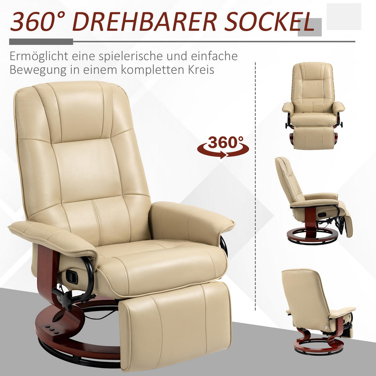 RELAXSESSEL Fernsehsessel mit Liegefunktion, Fußstütze für Wohnzimmer Creme - Creme/Braun, Leder/Holz (87/100/78cm) - HOMCOM