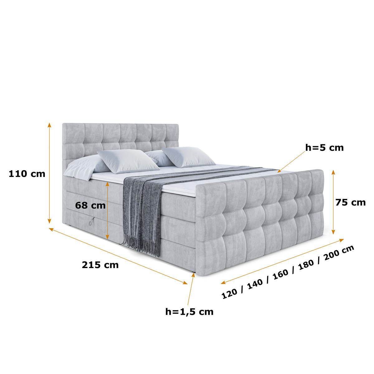 BOXSPRINGBETT BERO-Z KING - 120 x 200 - H3/H4 - Hellgrau - Hellgrau, Holzwerkstoff (120/200cm) - ALTDECOR