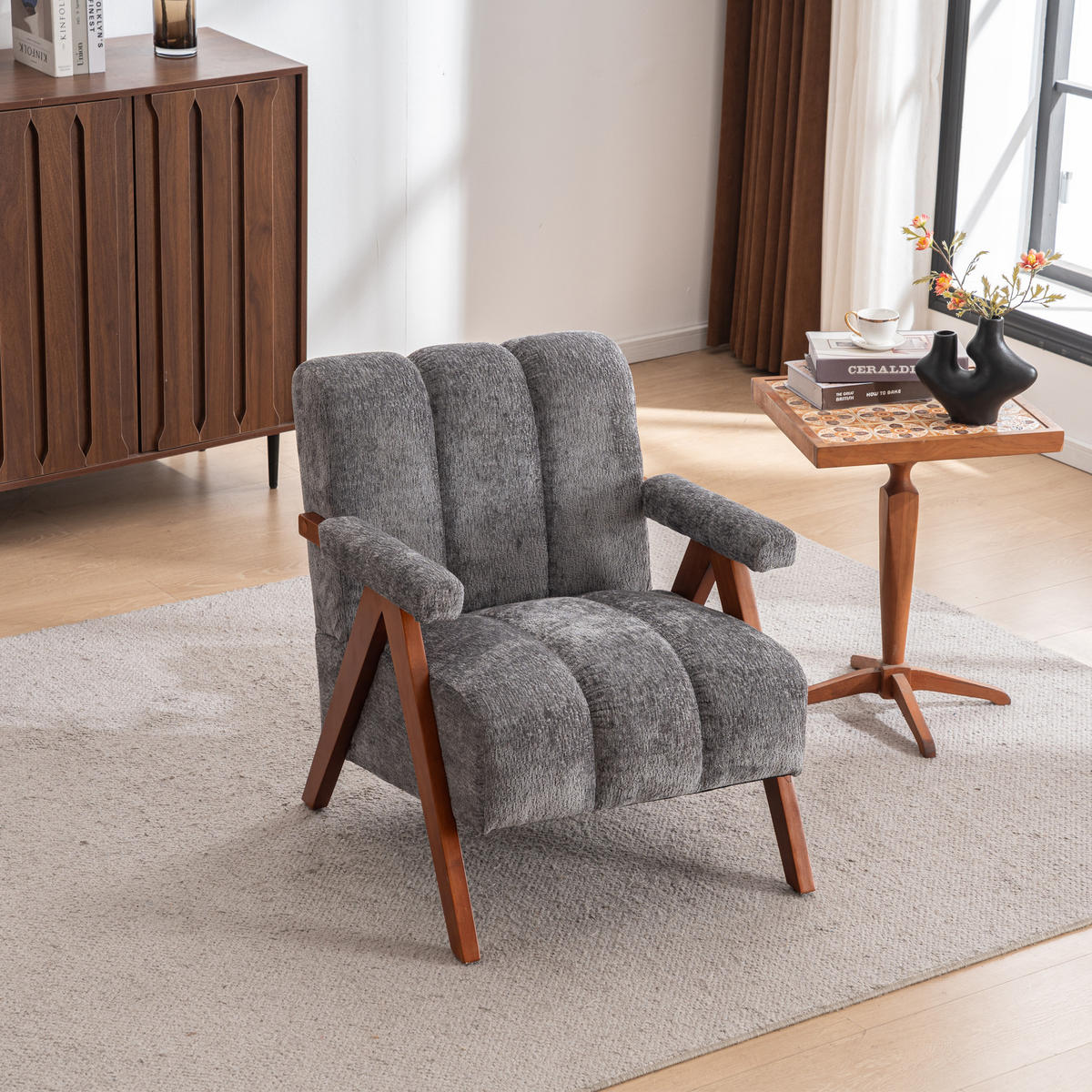 SESSEL Bouclé mit Massivholz-Rahmen Armlehnenstuhl - Grau, Textil (77/77/68.5cm) - Urban Meuble