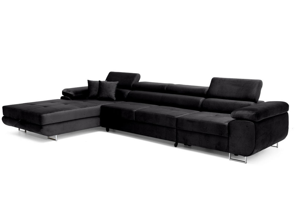 ECKSOFA ALONZO MAXI Links mit Schlaffunktion 125x195 Velours Schwarz - Silberfarben/Schwarz, Holz/Textil (350/203cm) - Muffo