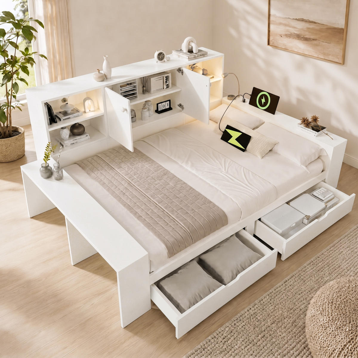 JUGENDBETT Stauraumbett 140/200 cm aus MDF und Sperrholz mit USB-Anschlüssen und Schubladen Weiß - Weiß, Holzwerkstoff (140/200cm) - Modenvie